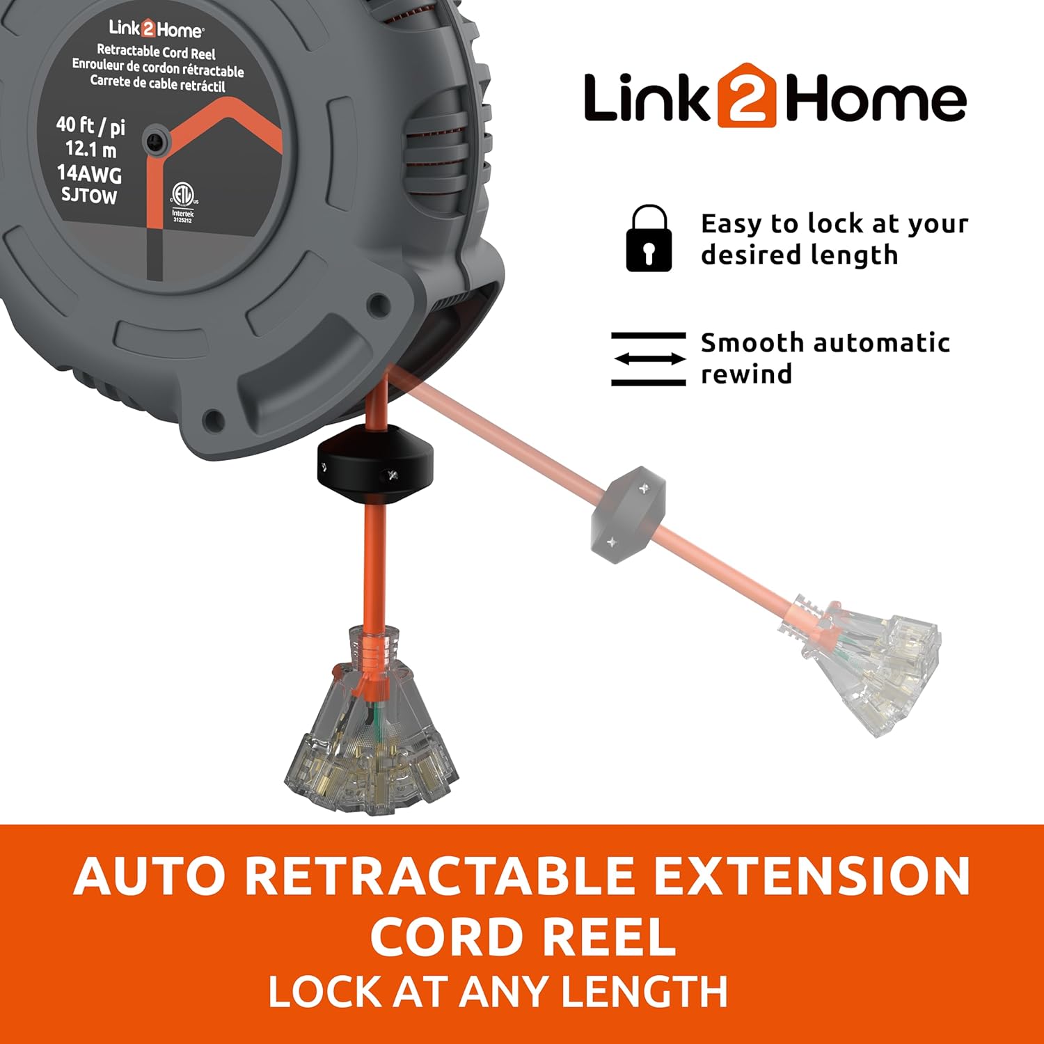 Link2Home 40 ft Retractable Extension Cord Reel – Heavy-Duty 14 AWG SJTW Cable, 3 Grounded Outlets + 2 USB Ports, Built-In Circuit Breaker, Auto-Rewind Handle, Outdoor & Job Site Power