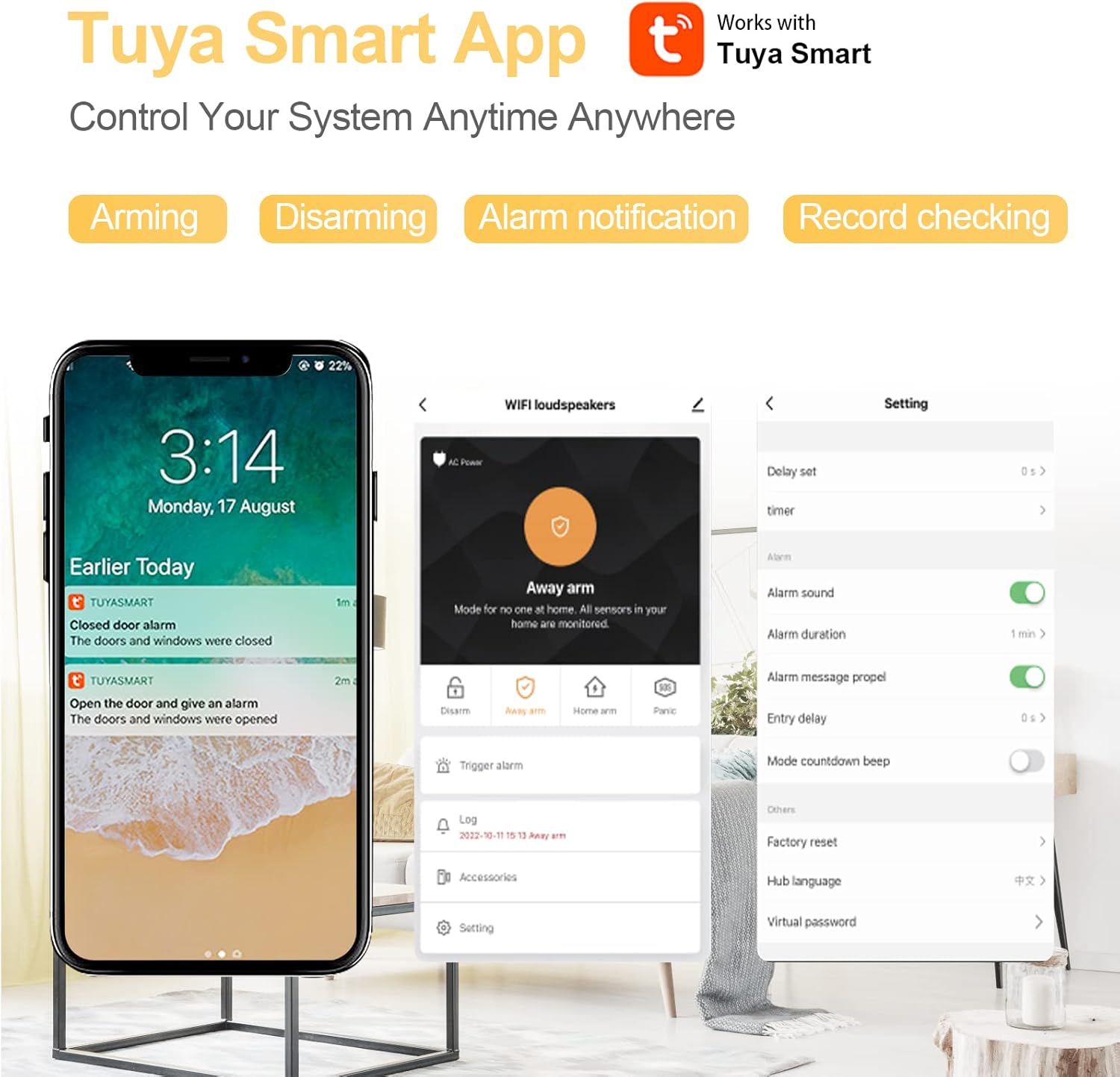 Interfície de l'aplicació Tuya Smart que mostra opcions per armar, desarmar, notificar alarmes i comprovar registres.