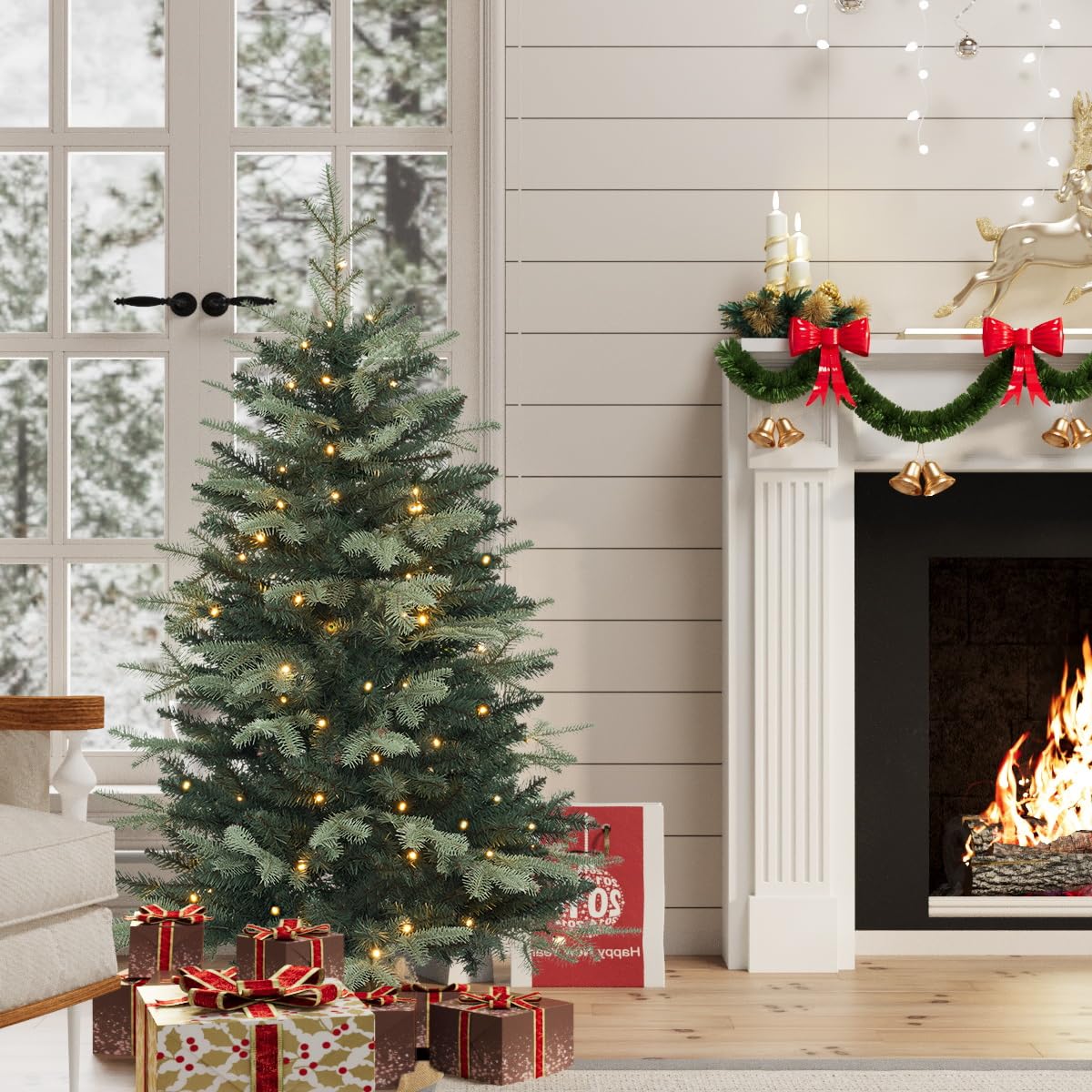 HiBean Mini sapin de Noël artificiel pré-éclairé | Comprend de petites lumières et une base de sac en tissu | pour table ou bureau | Toile de jute - 1,2 m