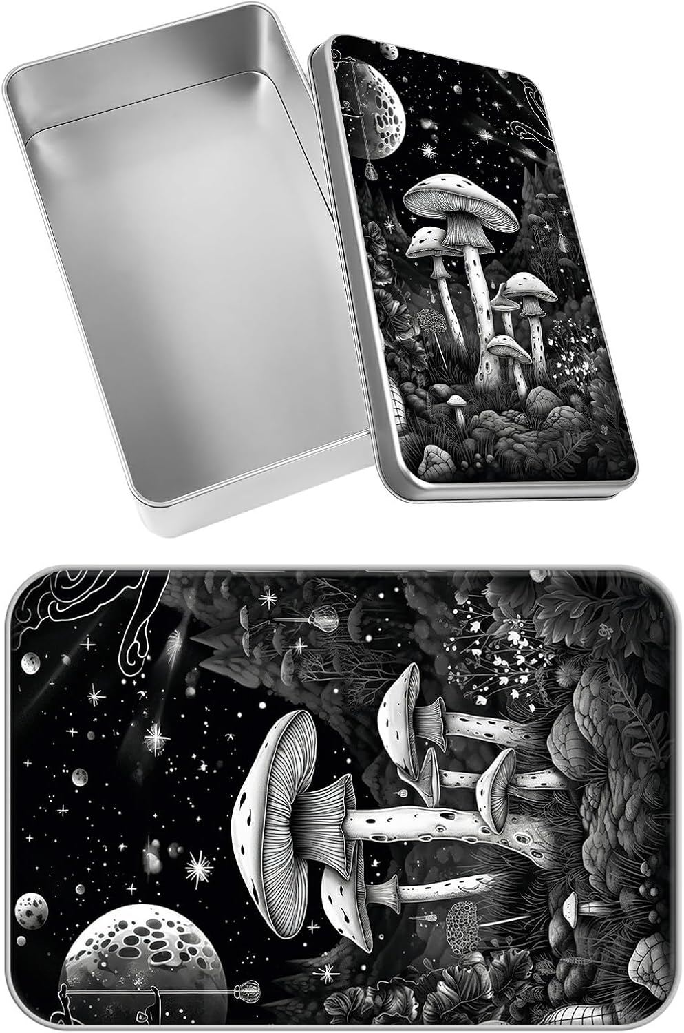 Large Metal Tin Box with Lid, Space Mushroom Decorative Storage Tin Metal Organizer Container for Snacks, Gifts, Craft Supplies and Household Organization, 7 x 4.33 x 2.17 Inch