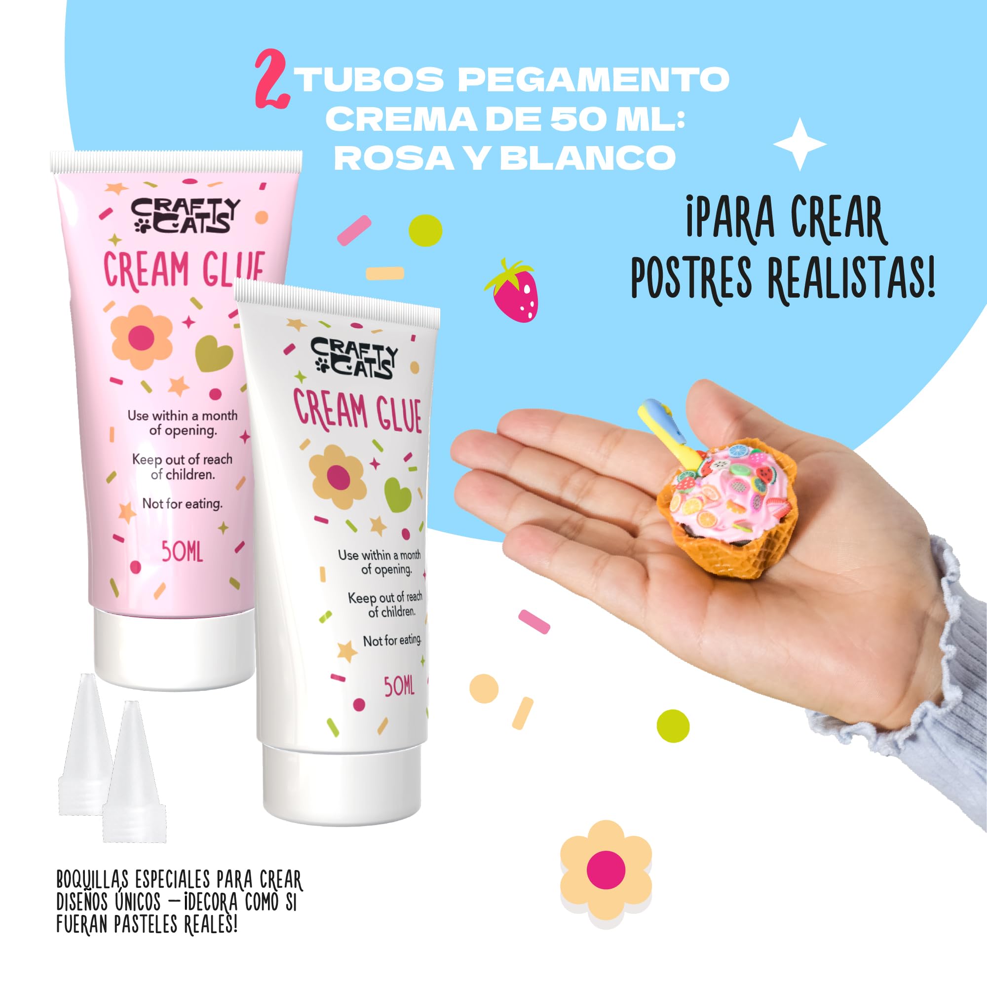 CRAFTY CATS Kit de manualidades Fiesta de Postres 115 piezas Arcilla al aire, perlas, pegamento crema con boquillas Set creativo DIY, cumpleanos y regalo, para ninos 6+