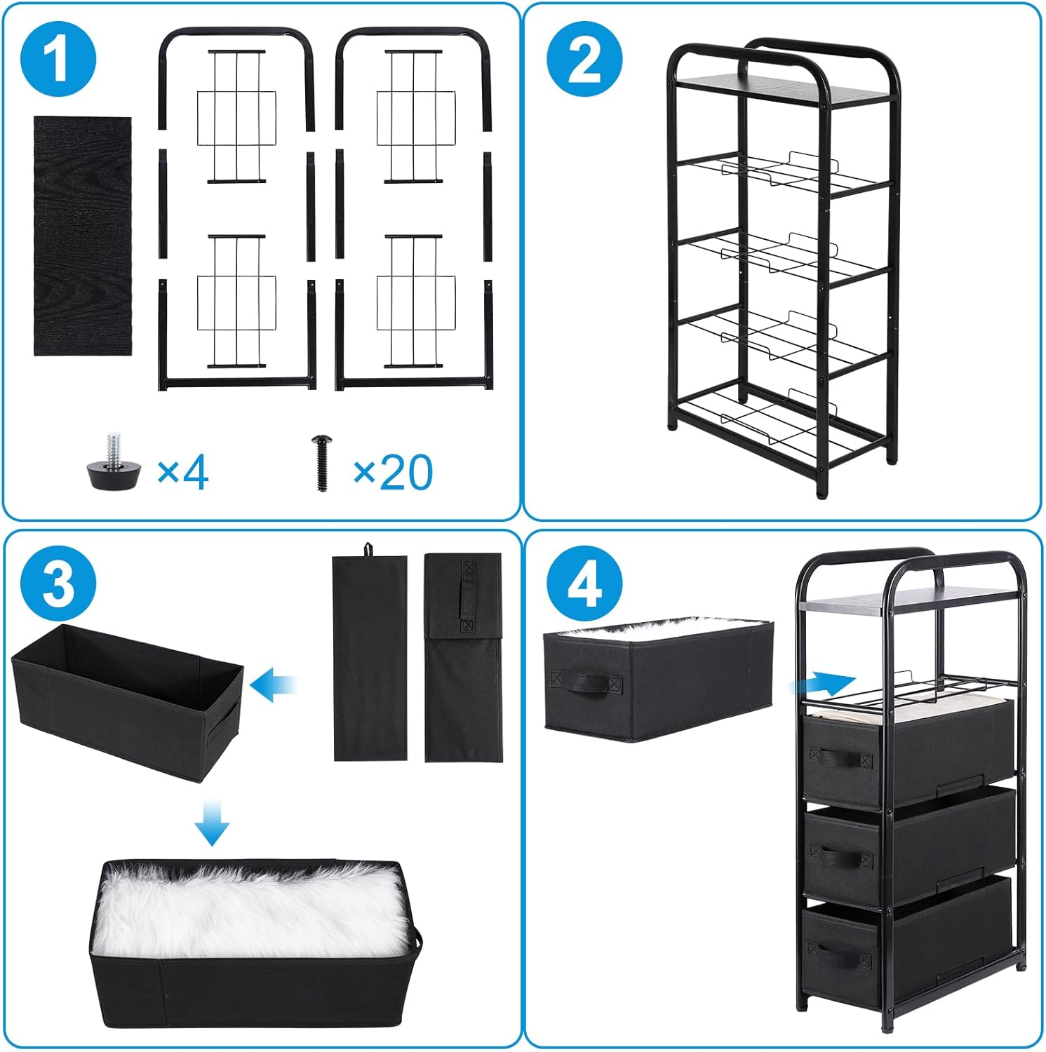 MAX Houser 4 Drawer Narrow Dresser Fabric Storage Tower Vertical Slim Storage Chest Organizer Nightstand Side/End Table Small Standing Organizer Removable Drawers Wood Top for Bedroom, Bathroom（Black) - Image 7