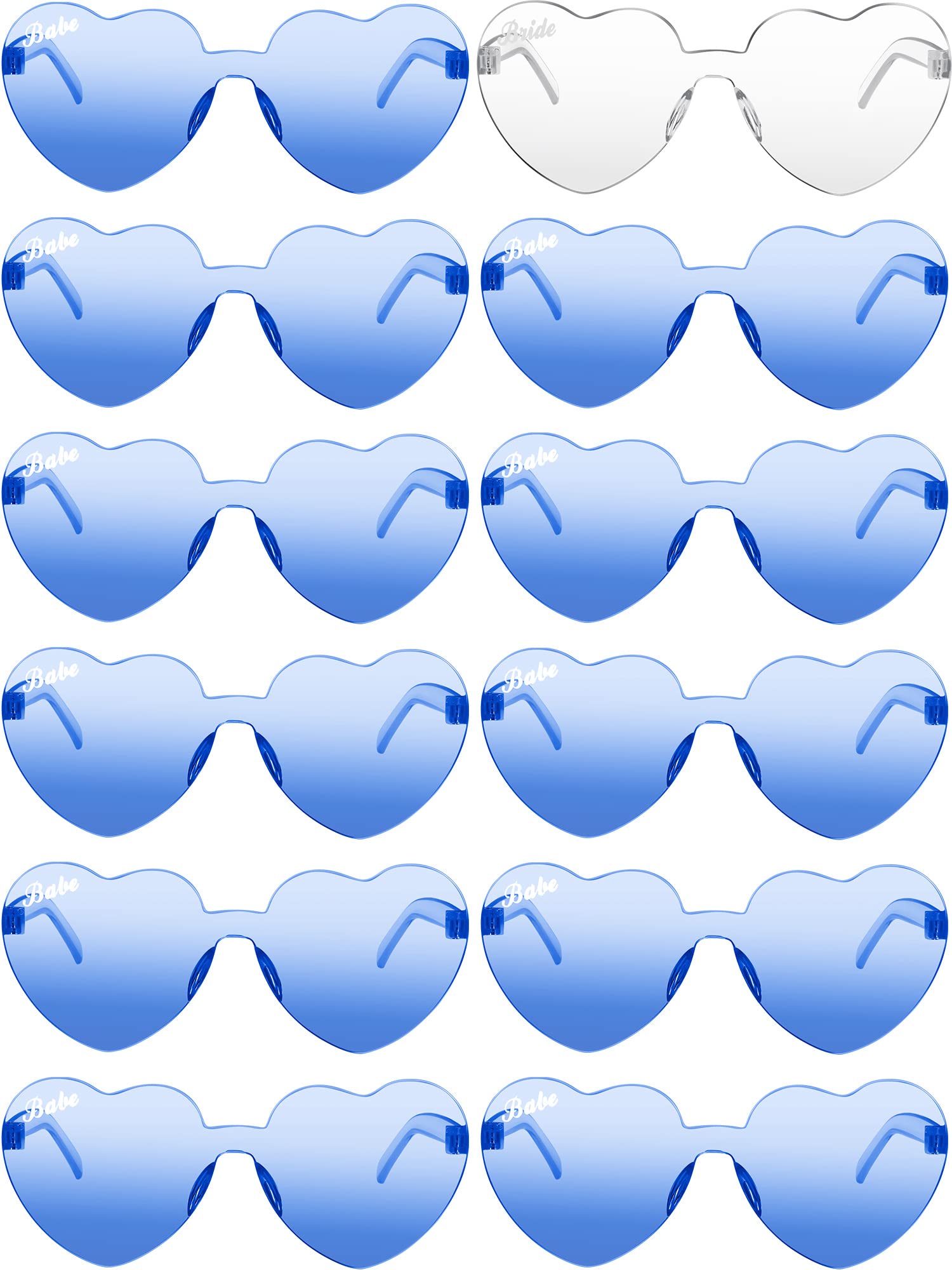 12 Pairs Heart Shape Rimless Transparent Glasses Heart Shape Sunglasses Frameless Bridesmaid Glasses for Bachelorette Valentine's Day Wedding Party(White, Blue)