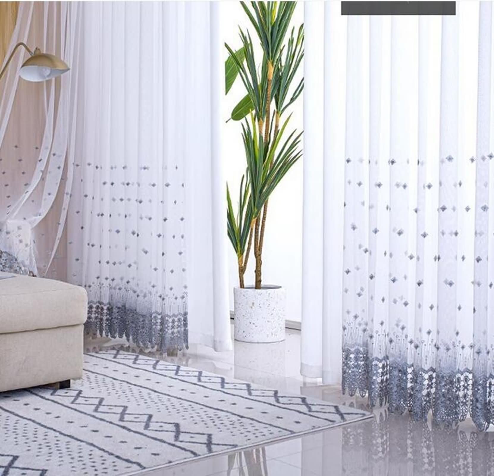 Rideaux Voile Transparent 102x244, Rideau Voilage pour Chambre Polycoton Fil Gris avec Dentelle Brodée, avec Crochet, Lot de 2