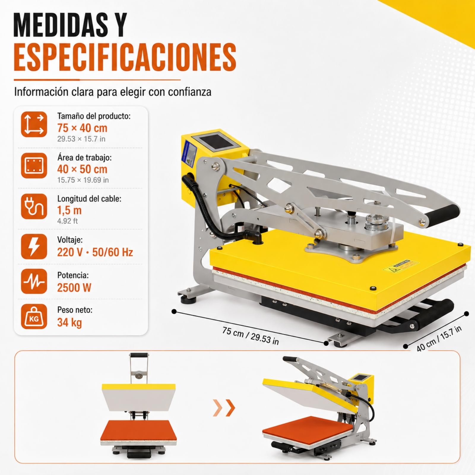 Pressa a Caldo Magnetica 40 x 50 cm 2500 W Semiautomatica LCD | Controllo 0-250 °C e 0-999 s, pressione regolabile, piano estraibile, per T-shirt e tessuti