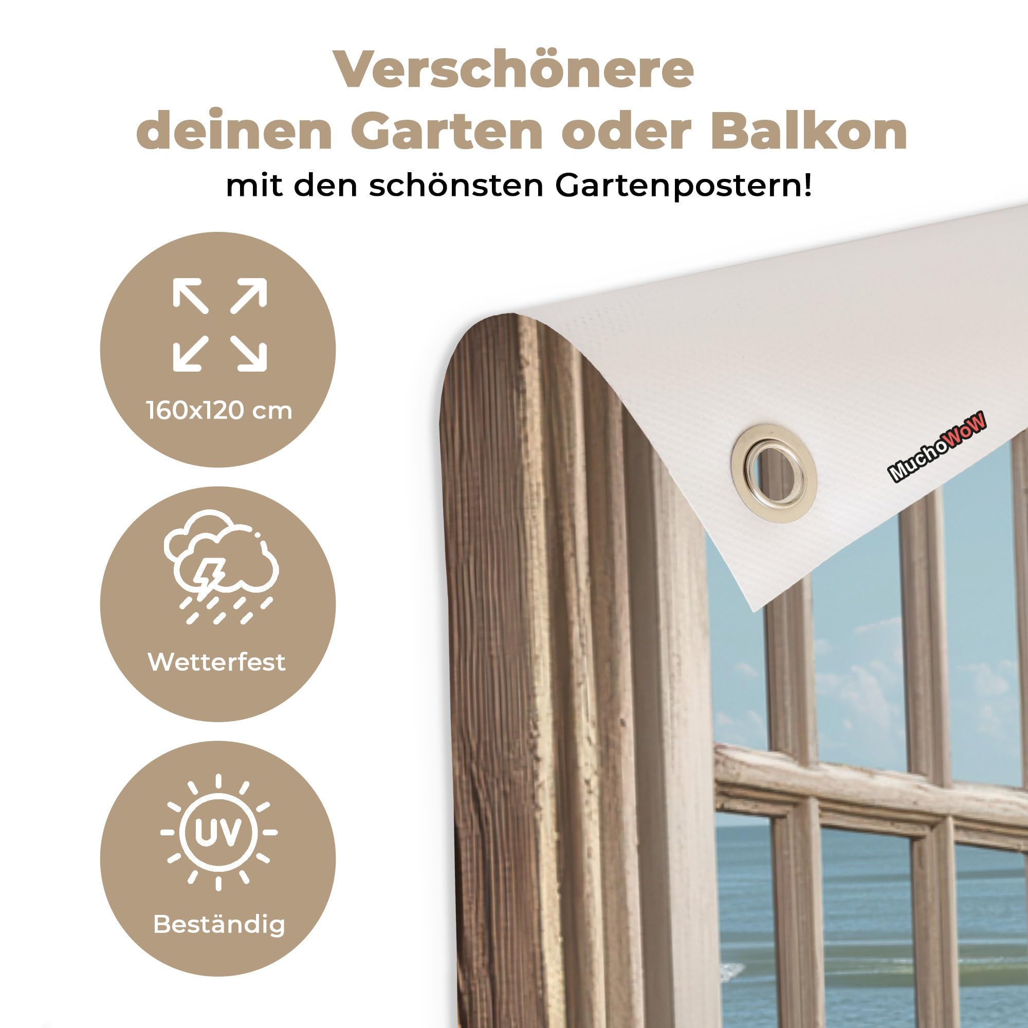 MuchoWow© Gartenposter Outdoor Bilder Gartendeko für draußen Wetterfest | 160x120 cm - Garten Deko Banner Draußen Bild Garden Decoration Fensterblick - Strand - Dünen - Meer - Natur