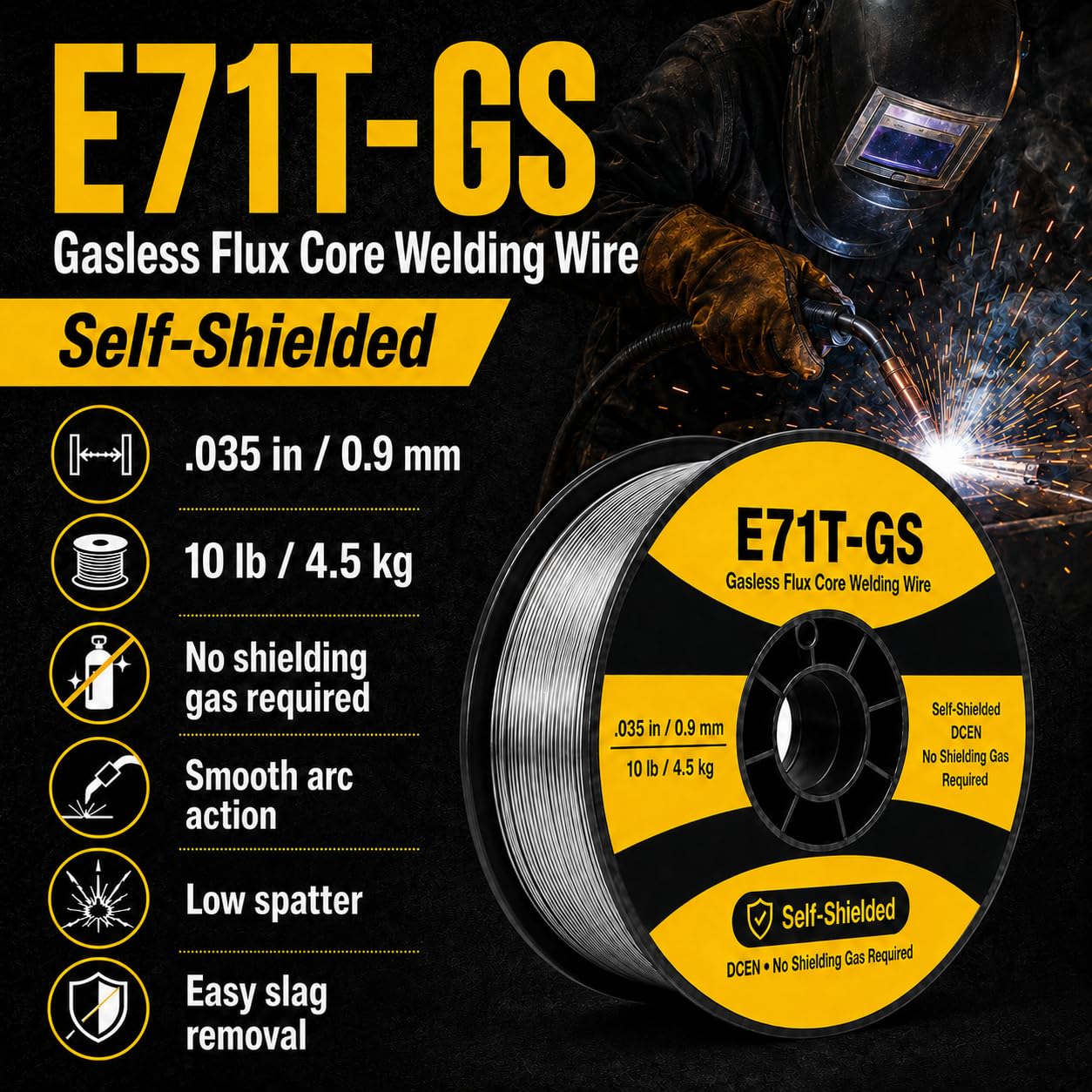 E71T-GS - Alambre de soldadura MIG de núcleo de flujo de 0.35 pulgadas x 10 libras, acero al carbono suave sin gas, compatible con soldadores Lincoln, Miller, Forney y Harbor Freight, alambre