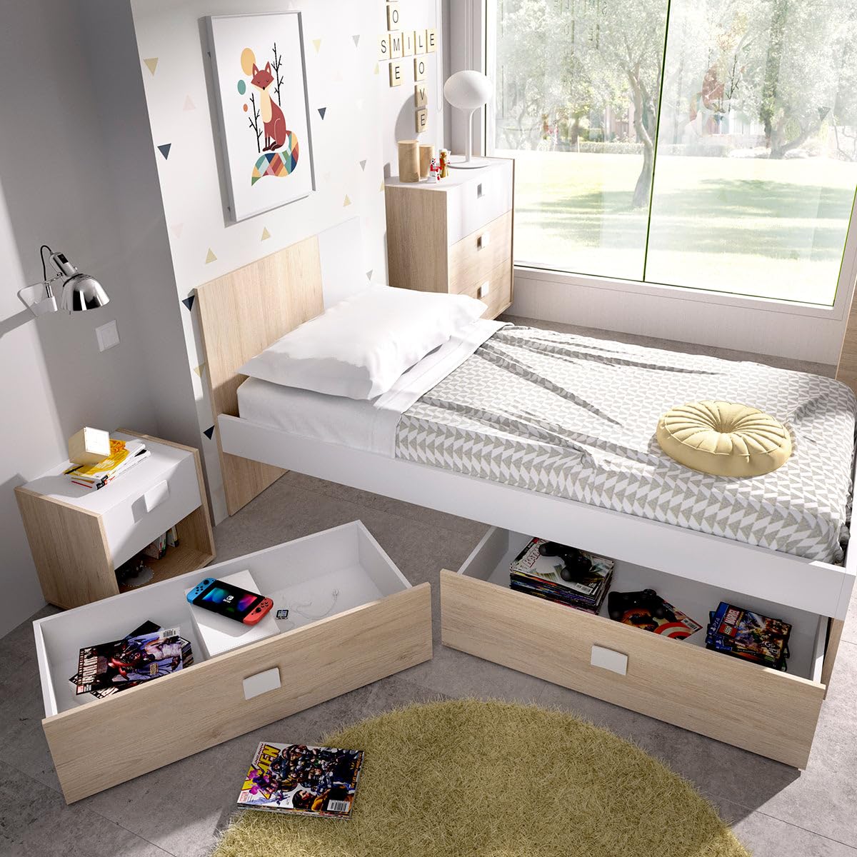 DEKIT - Pack Ahorro Juvenil Cama Dina con cajones, Armario, mesita y cómoda con 1 Colchón viscoelástico Nova 90x190cm y 1 Somier de Lama Ancha