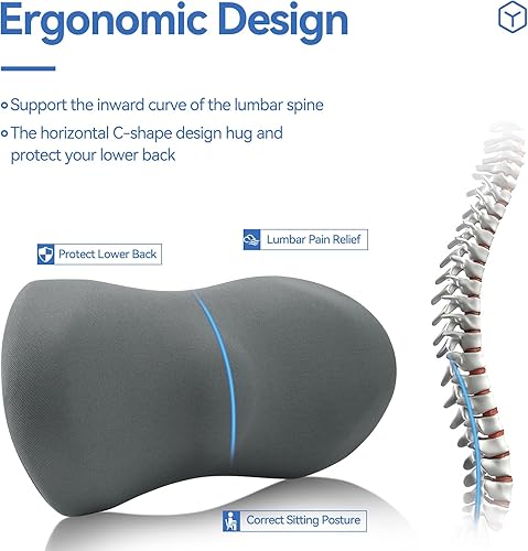Miniatura 2 de SHAKERINO Almohada de apoyo lumbar, almohada lumbar de espuma viscoelástica para soporte de espalda baja, cojín de espalda con correa para aliviar