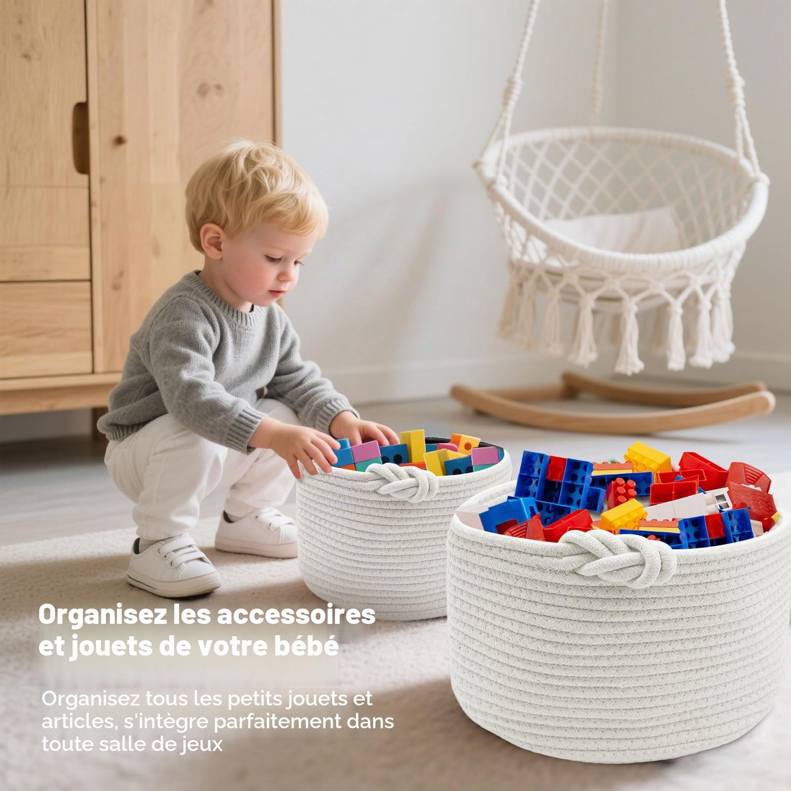 Panier Rangement, Panier de Rangement Tressés en Coton pour Chambre d'Enfant,Bain,Chambre, D 24 x H 18 cm (Blanc)