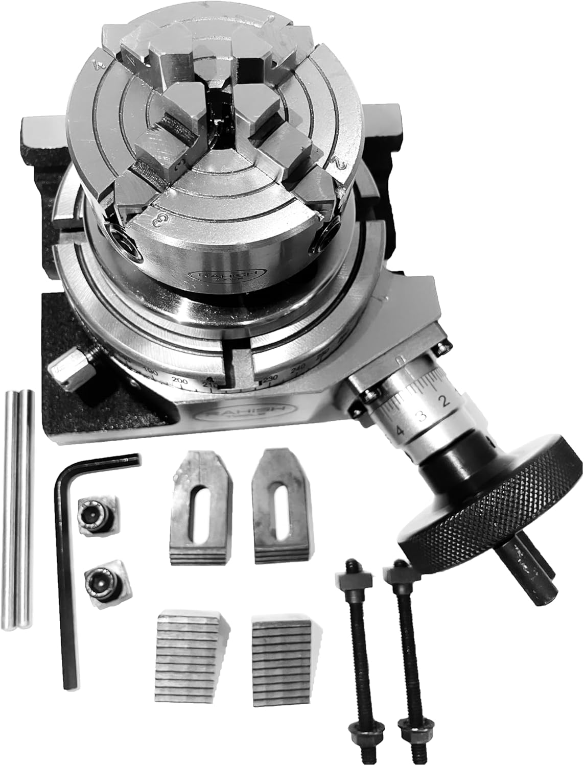 Rotary Table for Milling Machines 4" Inches (100mm) 4 Slots Horizontal and Vertical with 70mm 4 Jaw Independent Dog Chuck with Back Plate and T-nuts with m6 clamp kit