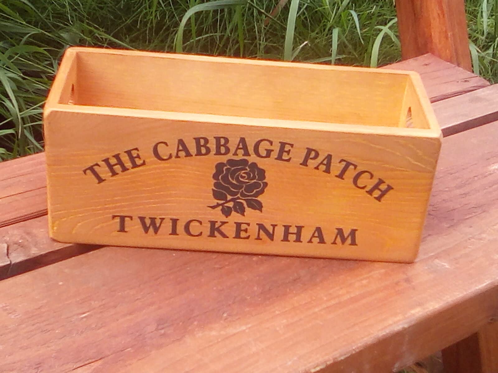 THE CABBAGE PATCH TWICKENHAM. Rustic wooden storage box, Great gift for England Rugby fans! Choose colour and handle type. (Dark Oak Finish, Rope handles)