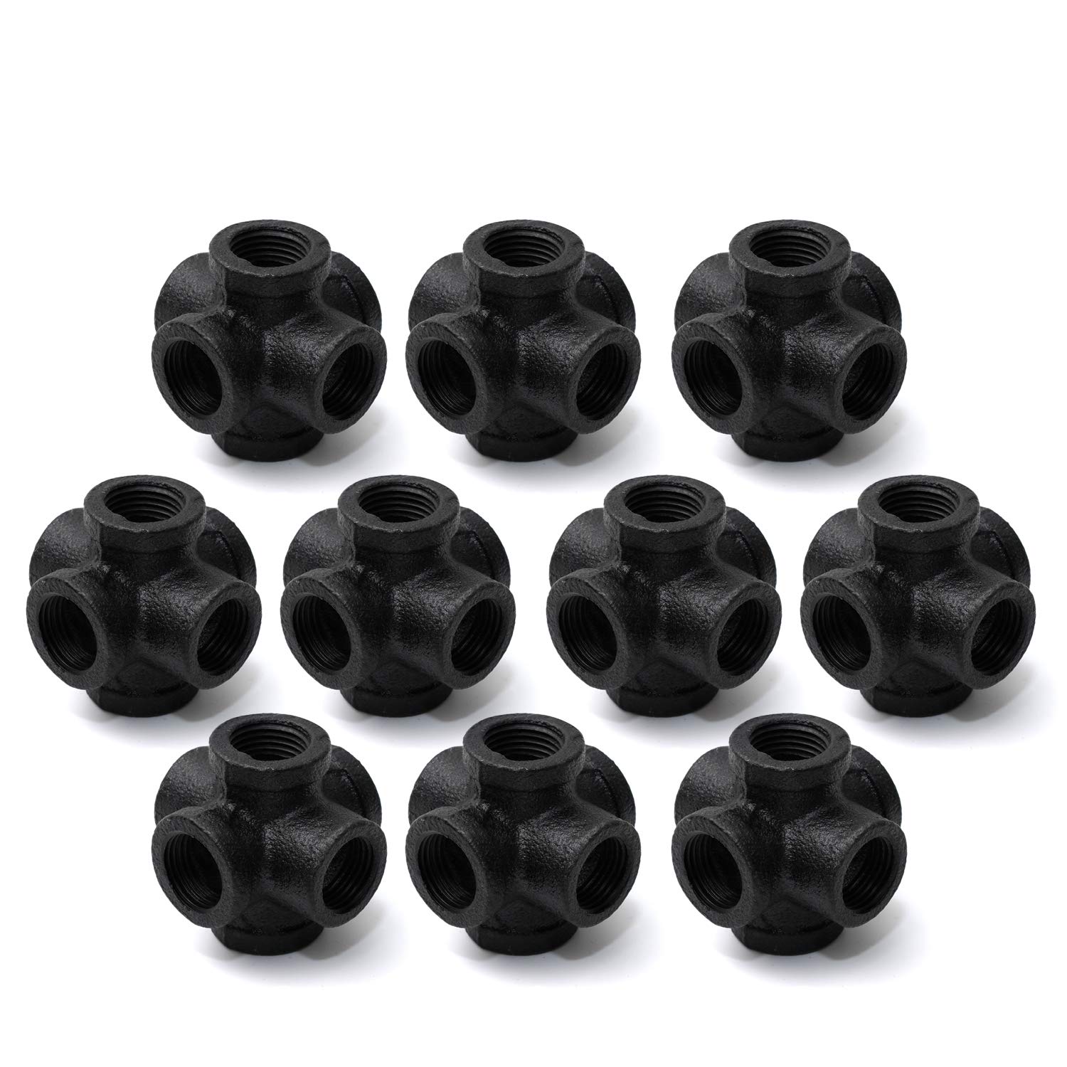 Home TZH 1/2" Black Painted 6-Way Side Outlet Cross, 10 Pack Malleable Iron Pipe 6-Way Outlet Corner Fittings for Industrial vintage style DIY Project/Furniture/Shelving(10, Black Painted 1/2 Inch)