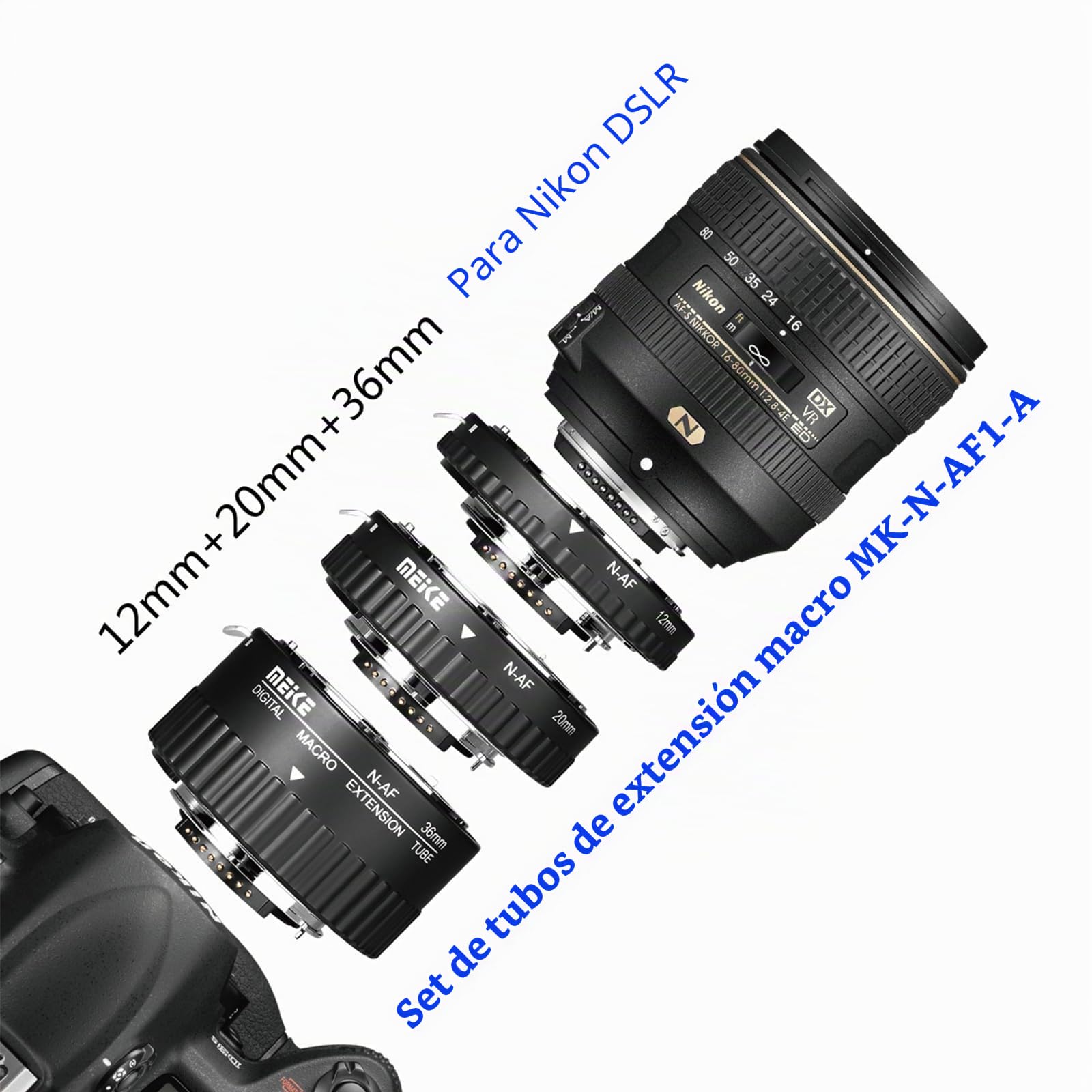 Meike MK-N-AF1-A - Kit de adaptador para cámara Nikon DSLR (12 mm, 20 mm, 36 mm)