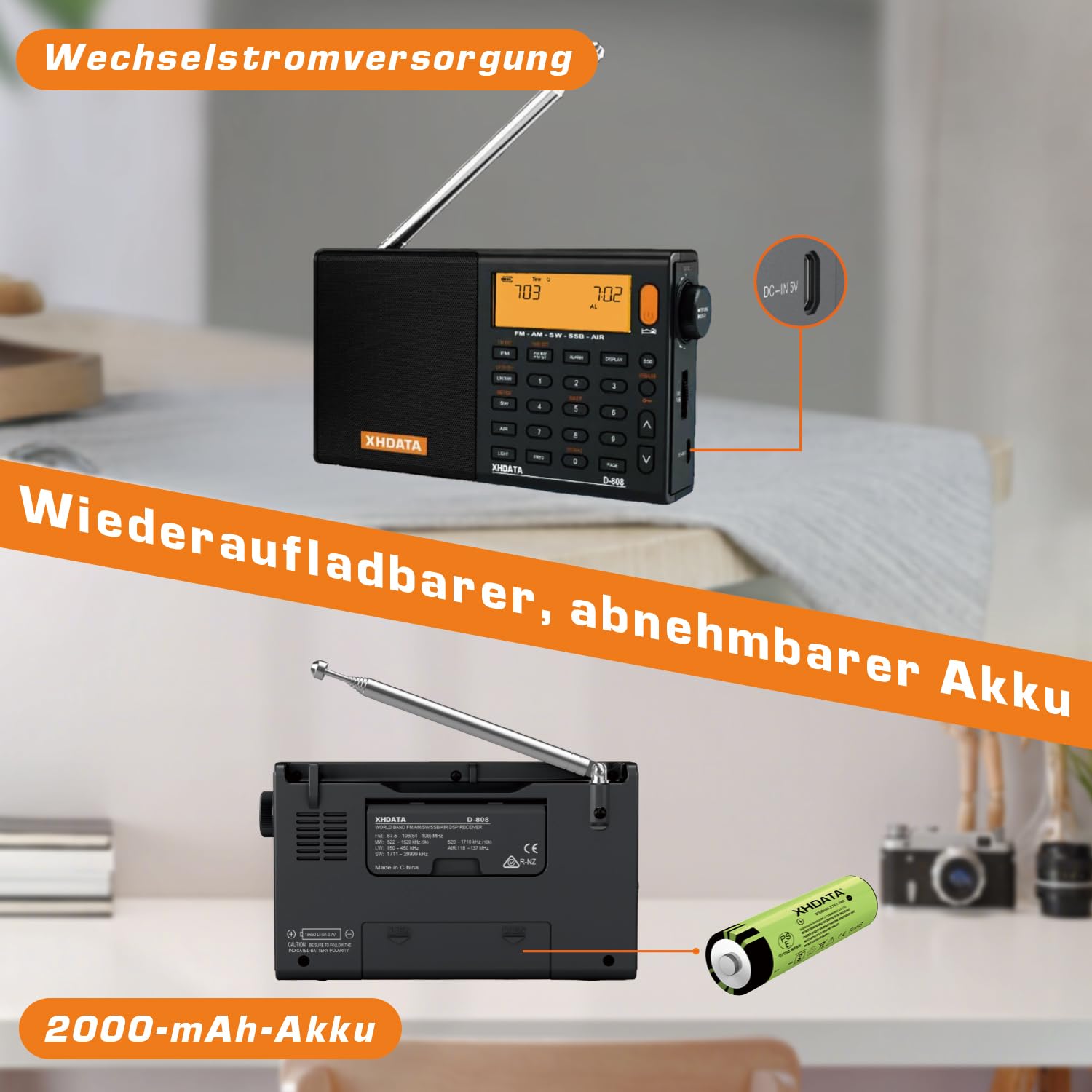 XHDATA D808 Tragbares Digitales Radio, Weltempfänger Radio, Kurzwellenempfänger, UKW-Stereo/KW/MW/LW SSB Air Band Weltempfänger, RDS, Radio batteriebetrieben, mit Externer Antenne (Schwarz)