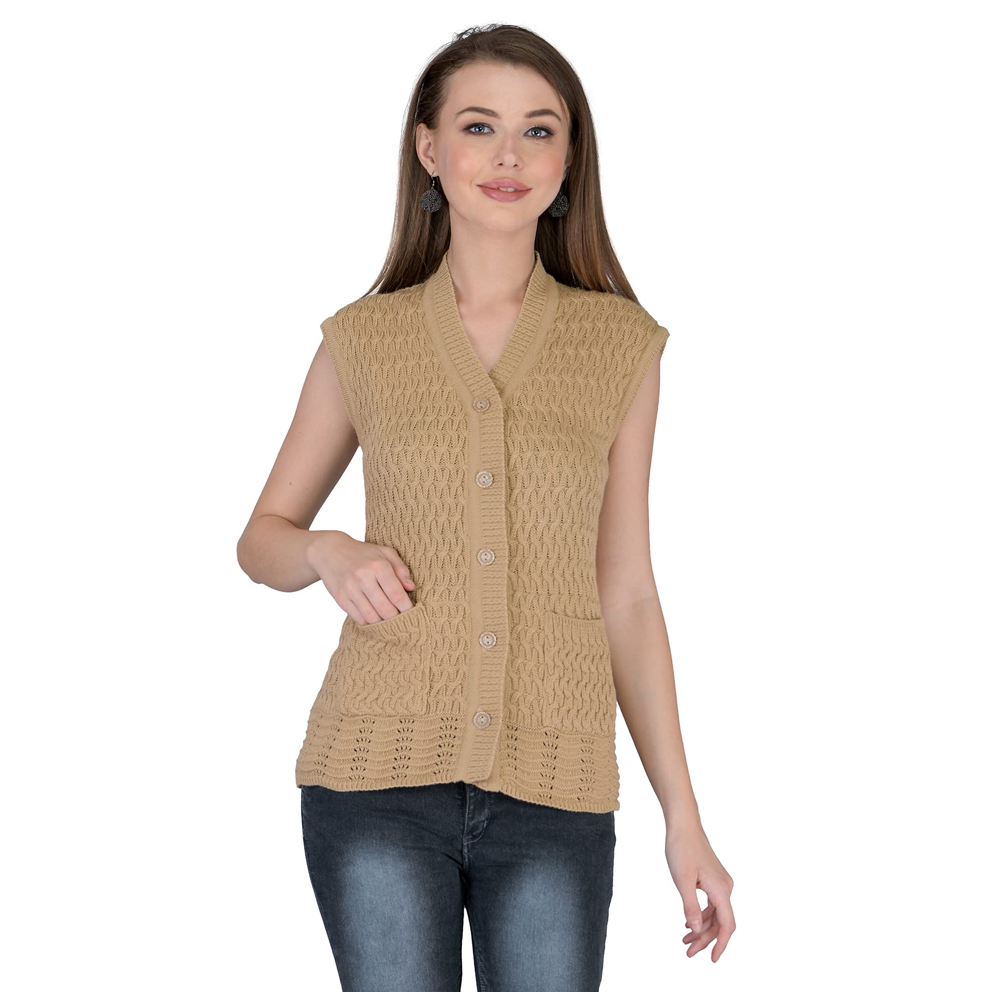 LADY WILLINGTON Women's Woolen Sleeveless Self Design Cardigan - Daffodil Fabric Winter Wear Pure Wool 100% Daffodil Wool Free Size Cotty Fully Warm with Front Pockets (XXL, Skin)-picture-24