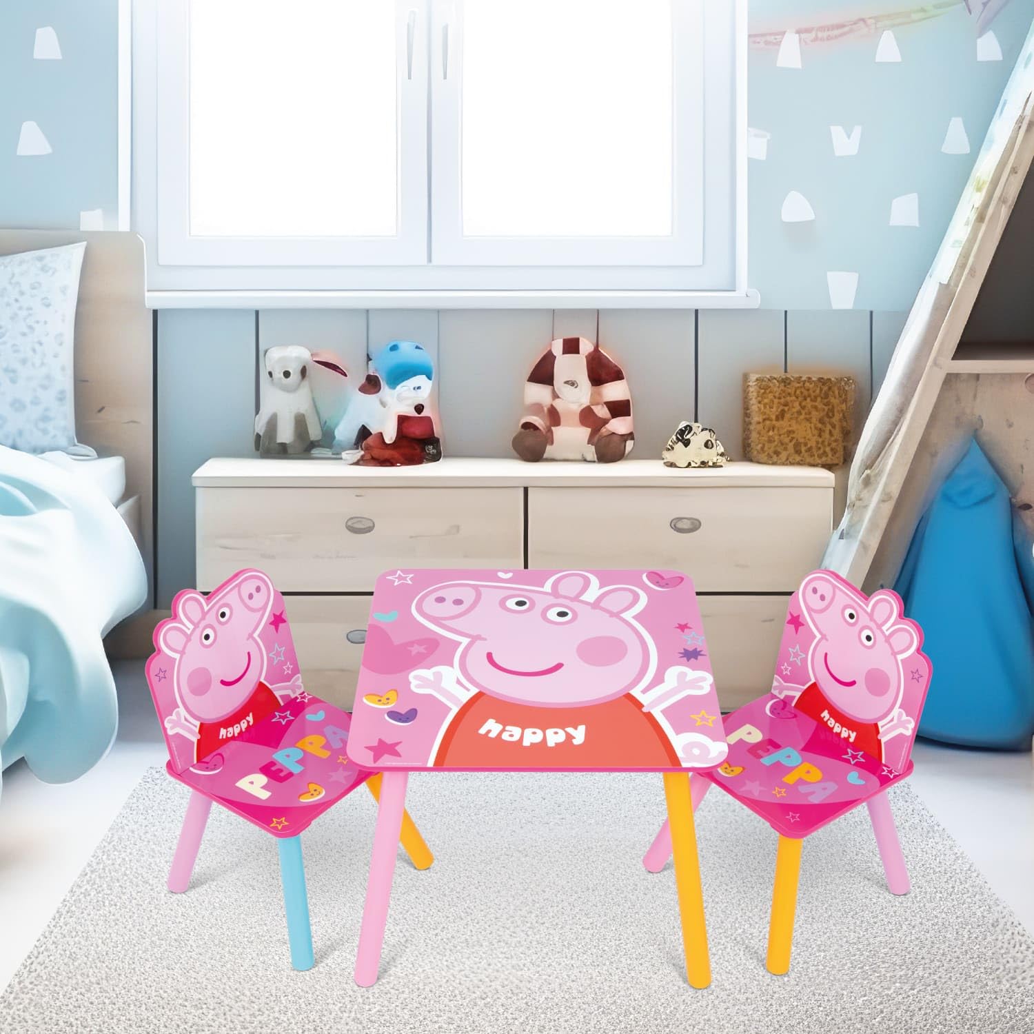 ARDITEX - Set Tavolo e 2 Sedie in Legno per Bambini Licenza Ufficiale Peppa Pig - Tavolo 50x50x44 cm/Sedia 26,5x26,5x50 cm - Rosa Arcobaleno - Ideale per giocare, disegnare e fare lavoretti