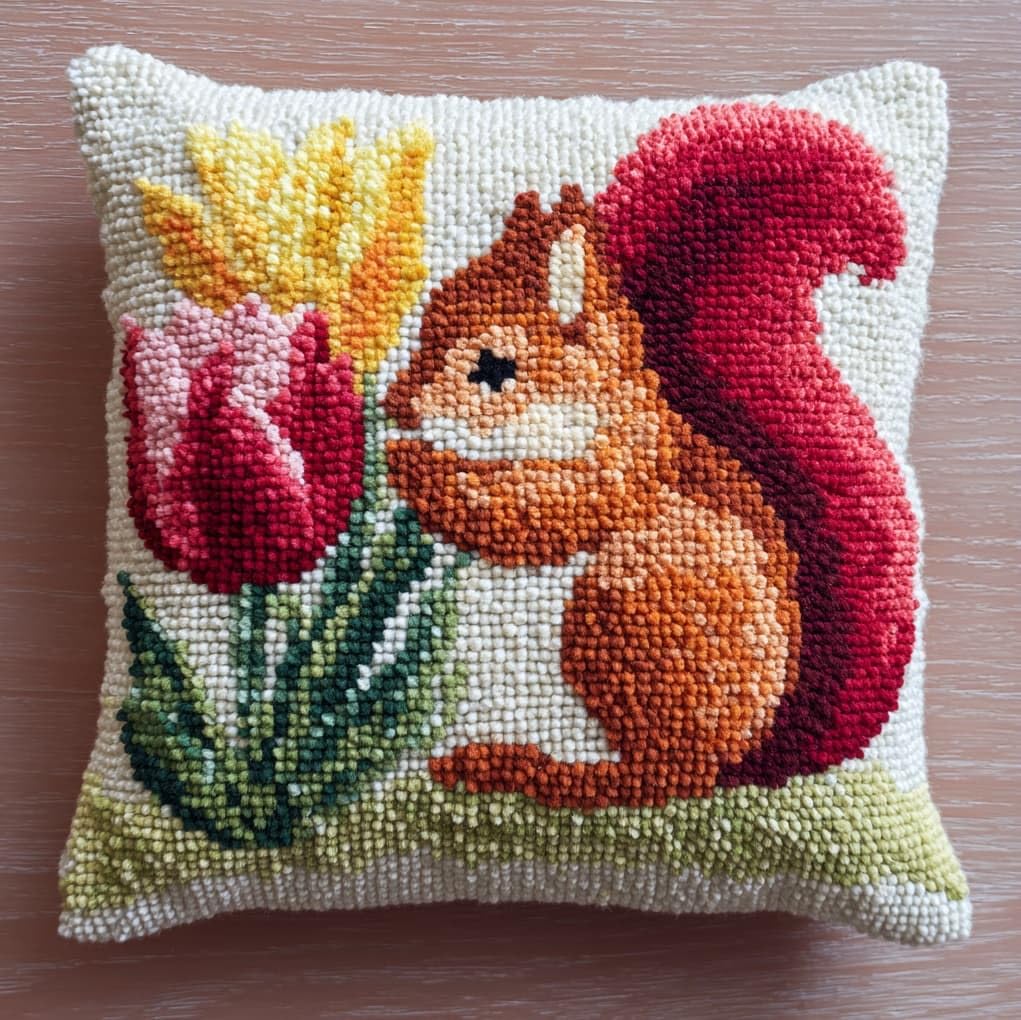 Wallustrioaw Flowers And Squirrels Latch Hook Cushion Kit 43X43cm,