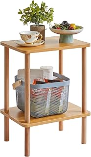 IBUYKE 2-Tier Side Table, Solid Wood Tall End Table with Storage Shelves, Nightstand Bedside Table for Living Room Bedroom Office, No-Tool Assembly, Natural WST002N