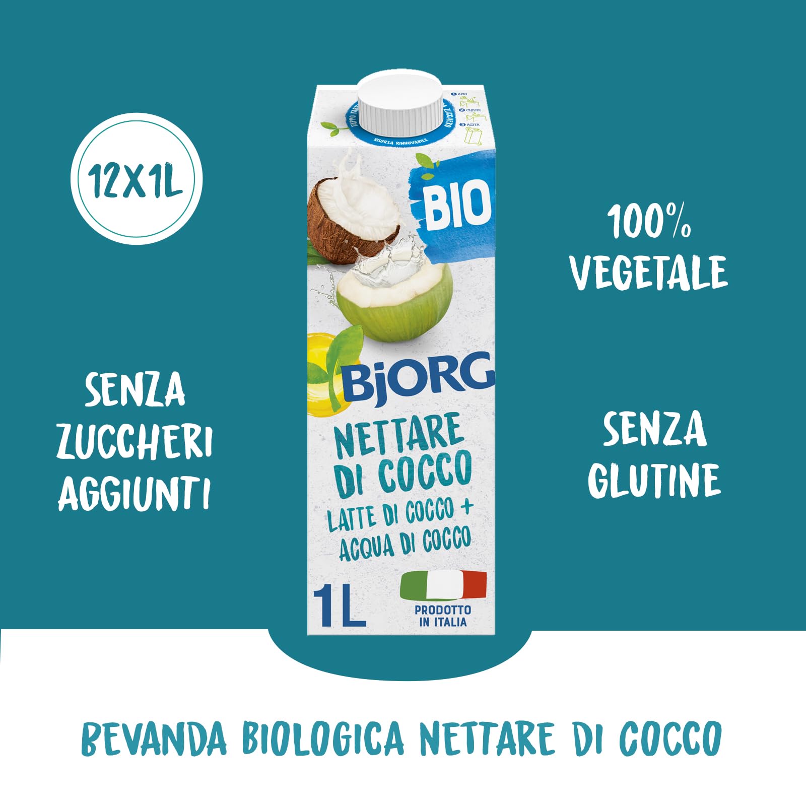BJORG Bevanda Nettare di Cocco Biologica, Acqua di Cocco e Latte di Cocco, Bevanda Vegetale Senza Zuccheri Aggiunti, Senza Glutine, Vegan, Prodotto in Italia, 12 x 1L