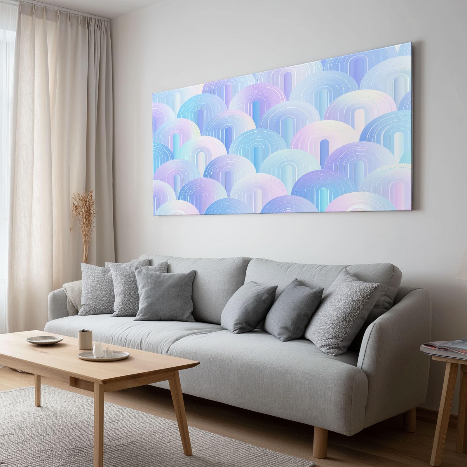 Träumerisch Regenbogen Geometrisch Streifen Modernes Leinwandbild 100L x 75B cm mit Rahmen, Art Déco XXL Wanddeko für Wohnzimmer Geschenk Idee Einzug - Hochwertiger Kunstdruck auf Holzrahmen