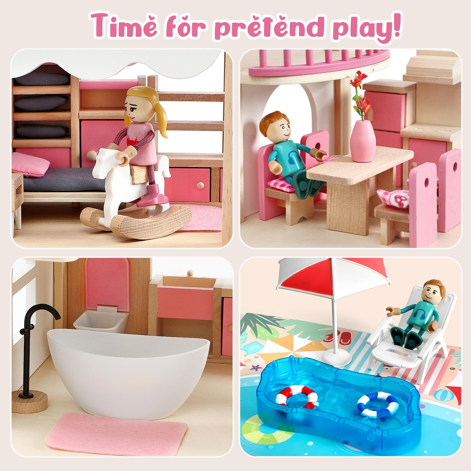 Atoylink Casa Delle Bambole in Legno con Set Completo di Mobili e 2 Bambole, Casa Bambole a 2 Piani con Camera da Letto, Bagno, Sala da Pranzo, Piscina, Giocattoli di Legno per Bambini 3 4 5 6 Anni
