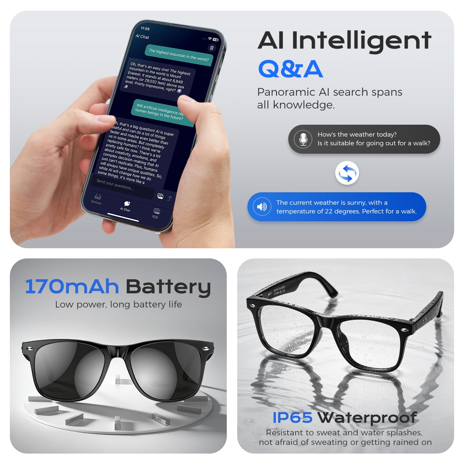 Occhiali intelligenti AI con traduzione in tempo reale in 163 lingue, assistente vocale intelligente, note vocali, servizio fotografico remoto, batteria 10H, IP65, audio a conduzione dell'aria