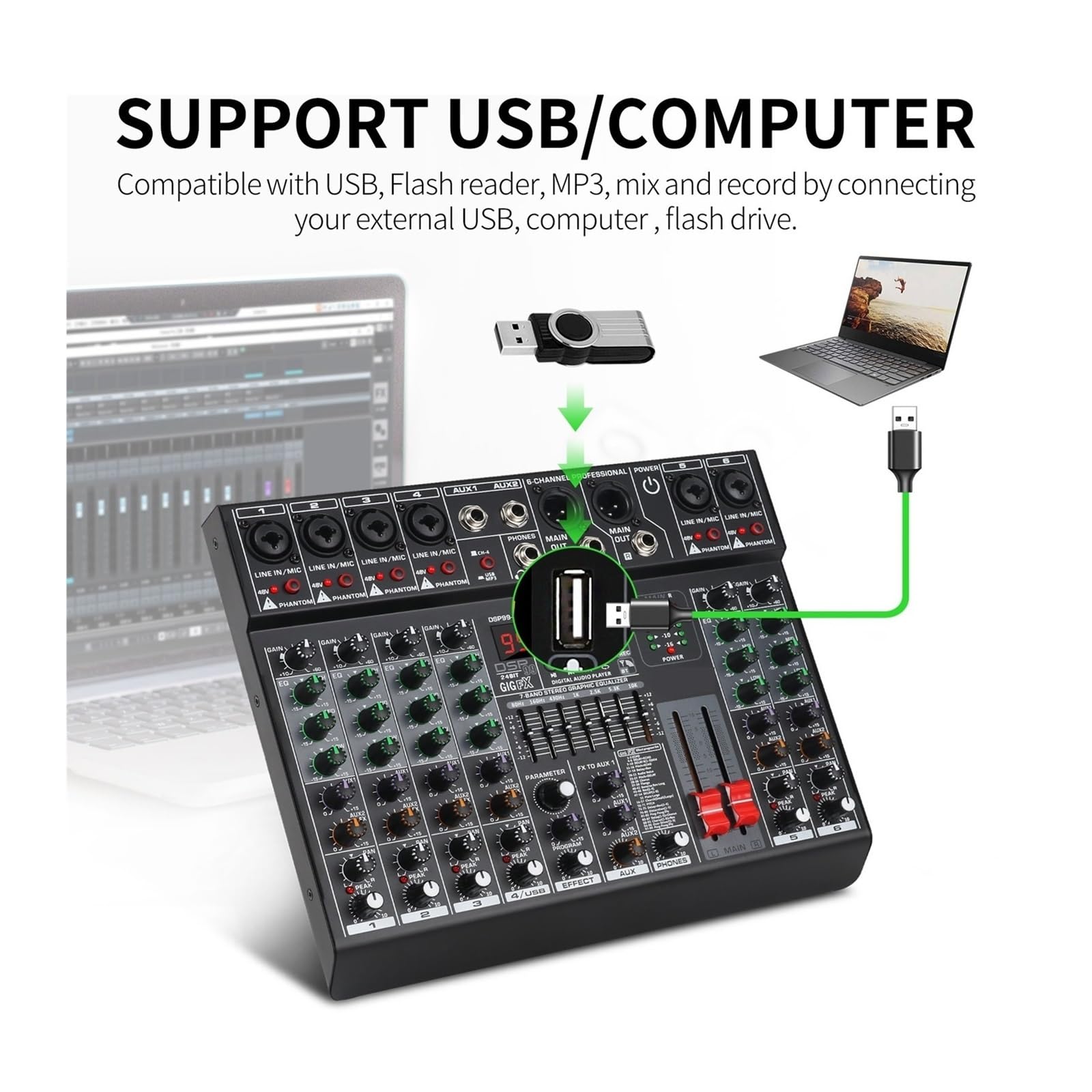 Mezclador de audio, Mezclador de audio profesional 6 canales con 99 efectos DSP, ecualizador 7 bandas, alimentación fantasma 48 V, interfaz USB for grabación