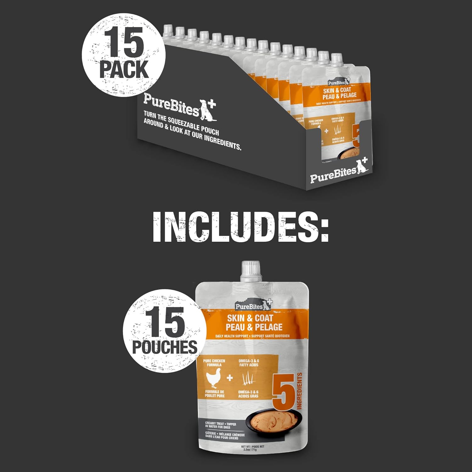 PureBites Plus Squeezables Dog Treat • Topper 71g | Skin & Coat | 5 Ingredients | Case of 15