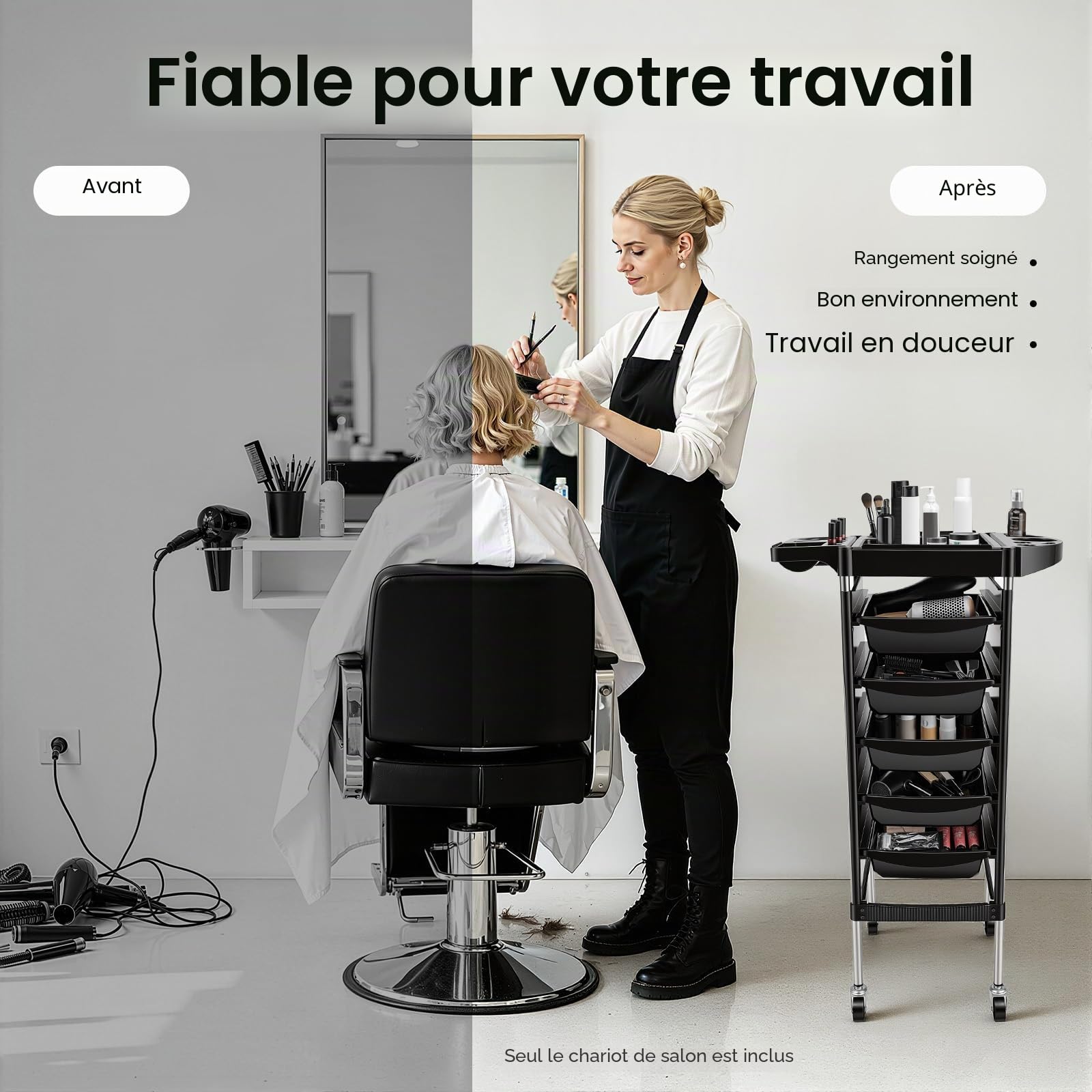 Chariot de coiffure avec roulettes, 36 x 85,5 cm, 5 tiroirs, rectangulaire, avec plusieurs ouvertures, pour accessoires de coiffure, bijoux, cosmétiques, noir