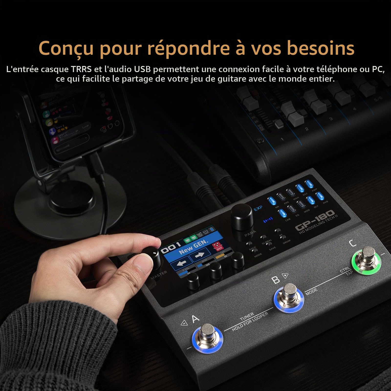 VALETON Processeur multi-effets pour guitare avec modélisation HD, 200+ effets, support IR & NAM, looper, boîte à rythmes, interface audio USB GP-180