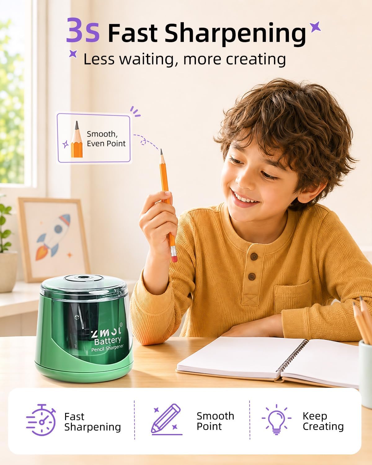 ZMOL Portable Battery Powered Electric Pencil Sharpener, 6-8mm, Green image 4