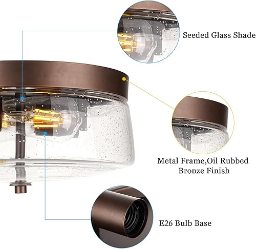 Miniatura 3 de ROS62A ORB - Lámpara de techo de montaje empotrado, 12 pulgadas, 2 luces, moderna, rústica, cerca del techo, con vidrio sembrado, para dormitorio,