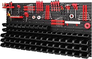 PAFEN - 1544 x 780 mm – Étagère murale 75 boîtes noires empilables et 38 porte-outils rouges | Plaques murales avec accessoires