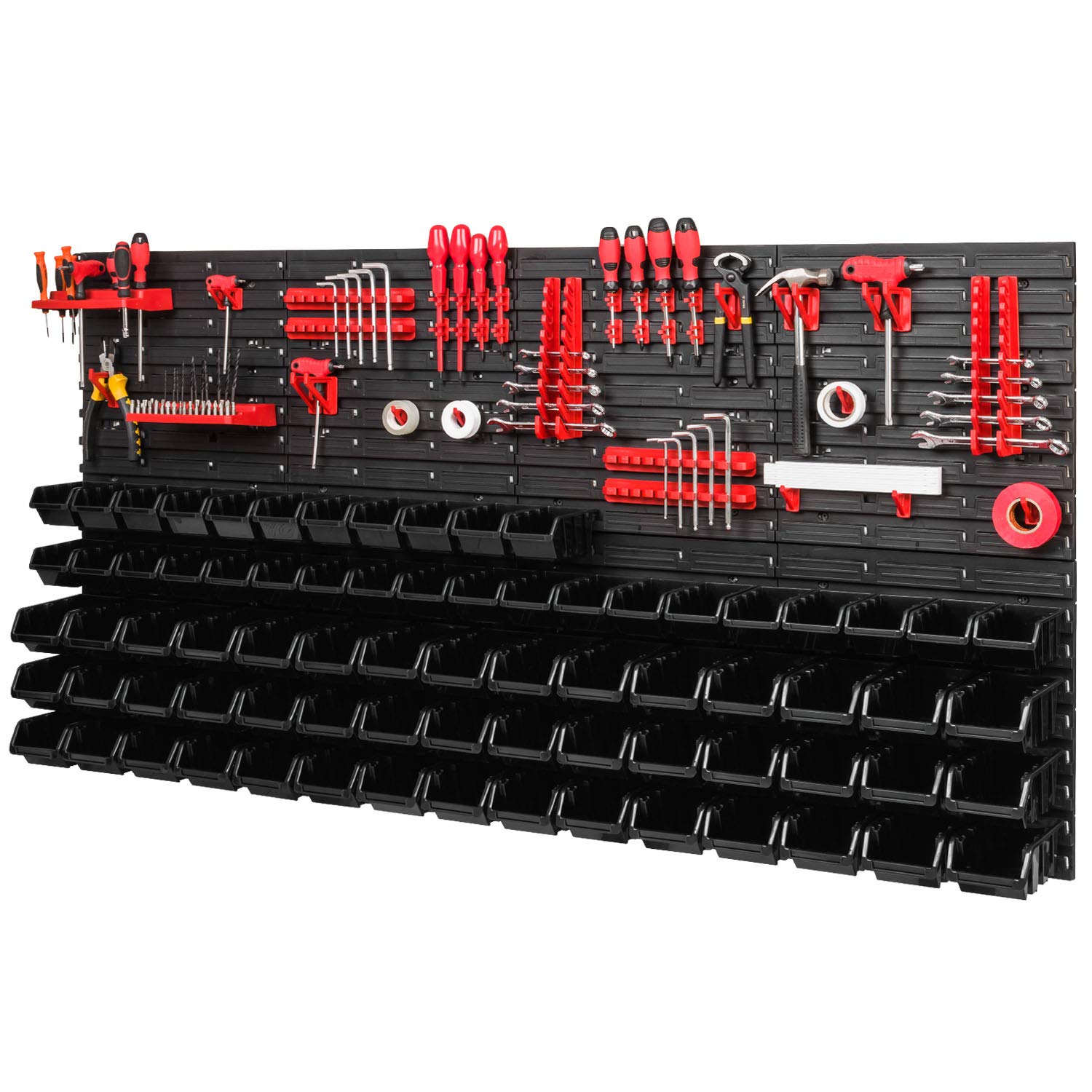 Pafen Black Storage System - 1544 X 780 Mm - Wall Shelf 75 X Stacking Boxes And 38 Pieces Red Tool Holder | Wall Plates With Accessories