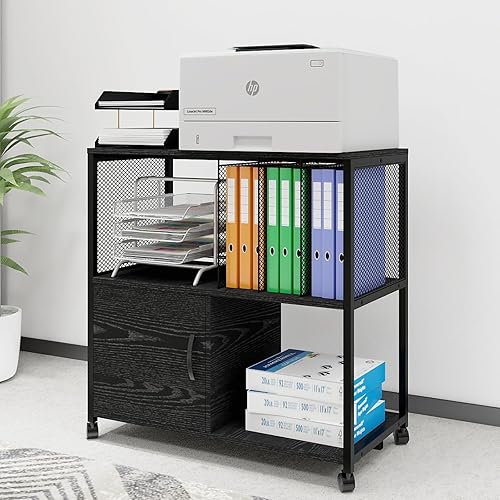 Miniatura 8 de PUNCIA Archivadores laterales móviles de madera con organizador vertical de metal, soporte de impresora moderno rodante con ruedas, estantes de