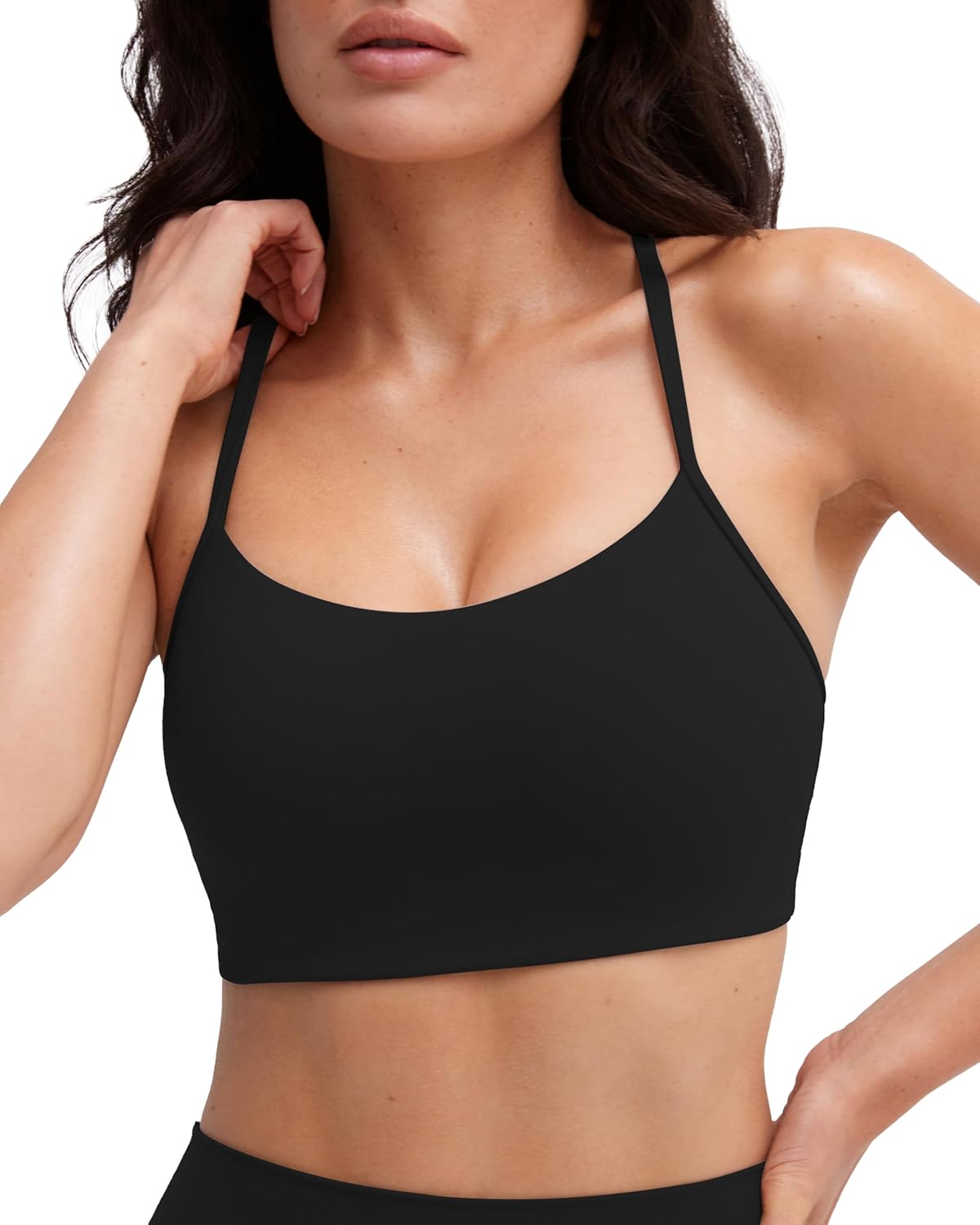 PAVOI ACTIVE Yoga Racerback Bras for Women - Buttery Soft Low Support Scoop Neck Y-Back Thin Strap Sports Bra - FlexFlow - Large, Black