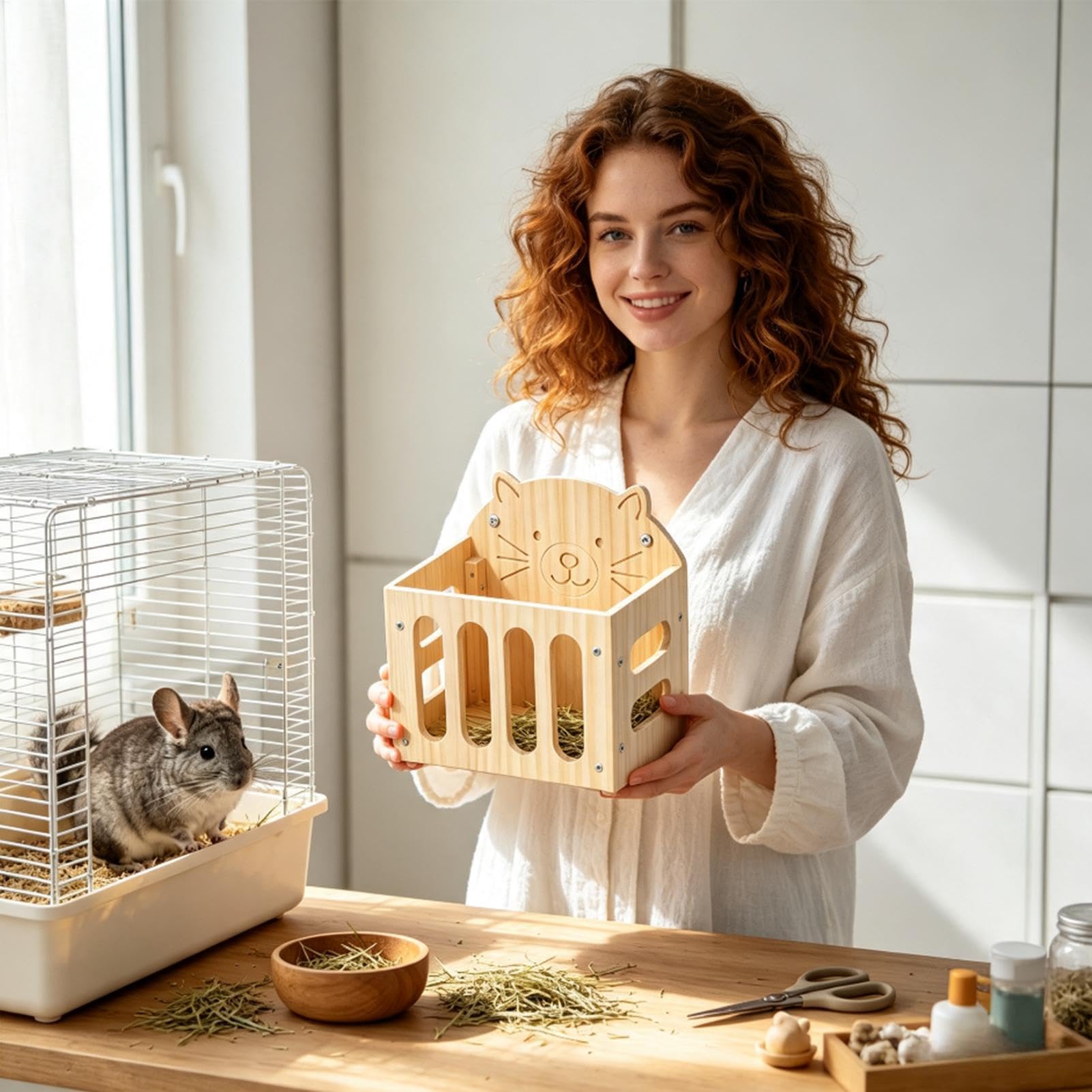 Supporto per fieno, in legno, grande, da appendere, per gabbia per criceti | Dispenser per fieno a forma di coniglietto per piccoli animali, cincillà, siepe, per interni ed esterni, balcone