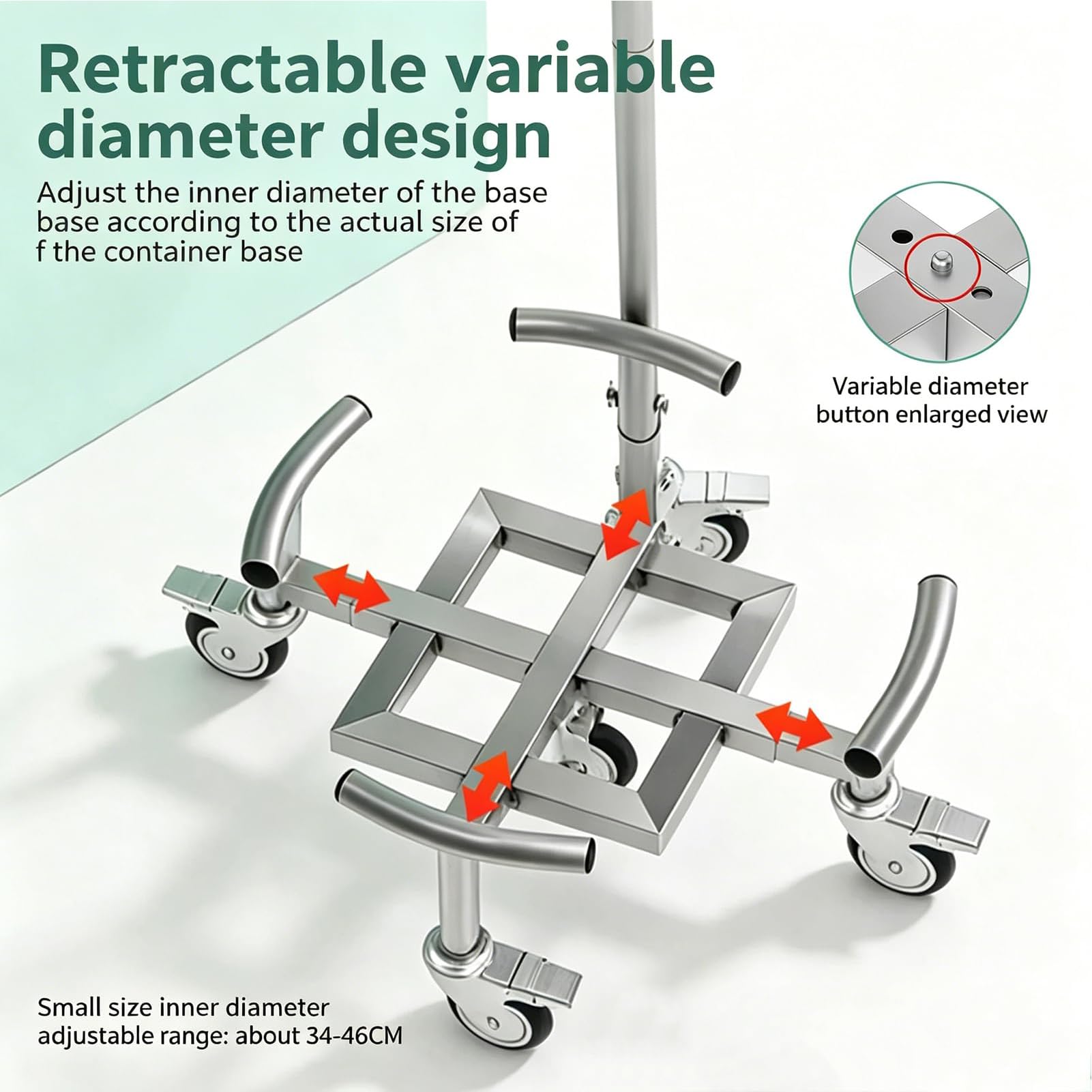 Vassoio mobile per vasi da fiori in acciaio inossidabile, carrello resistente per piante in vaso con asta da 81 cm e 5 ruote, diametro regolabile, supporta 200-300 kg, ideale per uso domestico