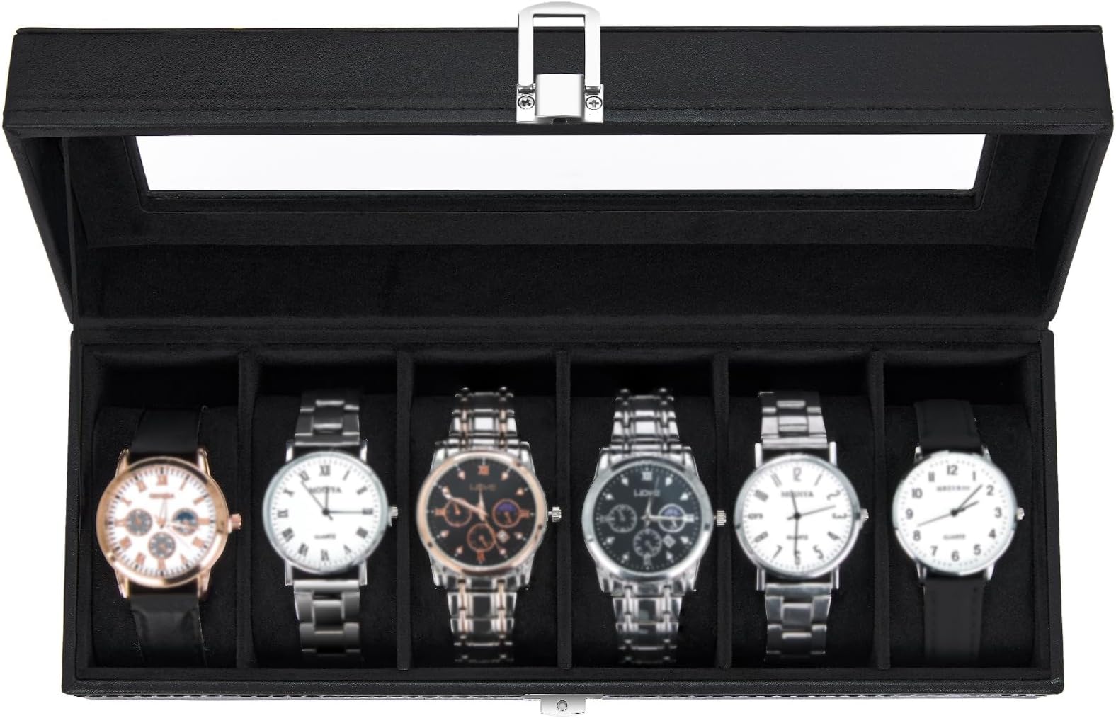 Ohuhu Watch Box with 6 Slots, Watch Case with Glass Lid, Watch Holder with Removable Velvet Pillows, PU Leather, Metal Clasp, Gift Idea for Birthday Valentine's Day