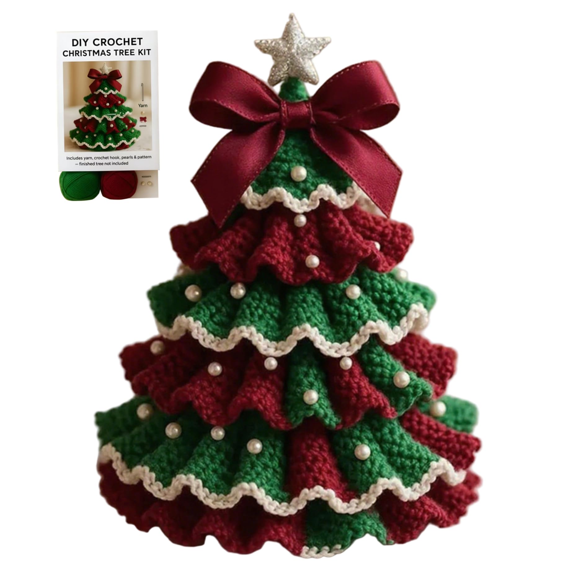 Jorzer Knitting Kit Christmas Tree Knitting Kit for Beginners with Bow Pearl Easy DIY Crafts for Adults Christmas Holiday Decorations, Red + Green