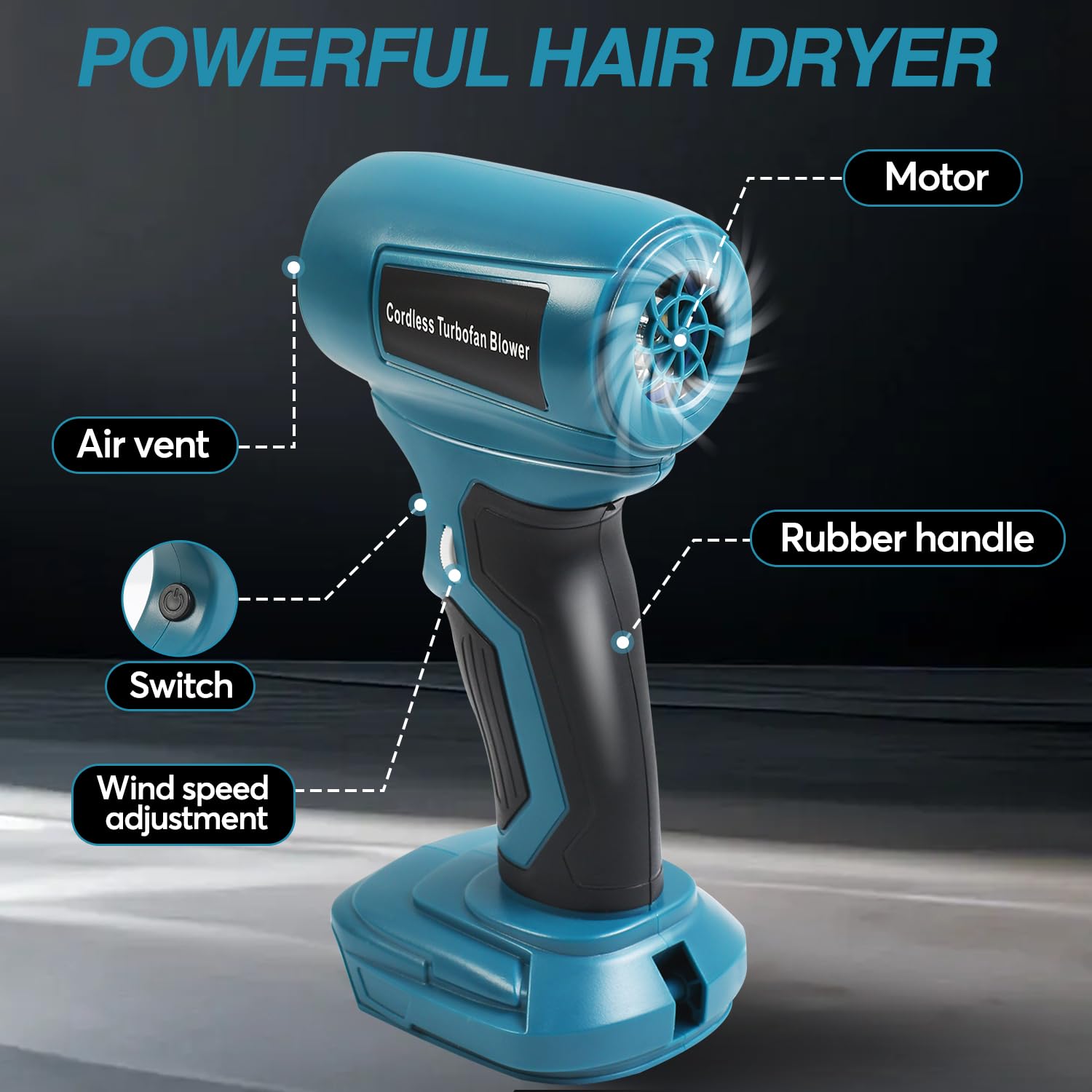 Mini Jet Gebläse, Tragbares Luftgebläse für Makita 18V Akku, Schnurloser 130000RPM Violent Turbo Ventilator, 4-Gang-kabelloser Hochgeschwindigkeits-Handventilator für Tastaturen, Camping,