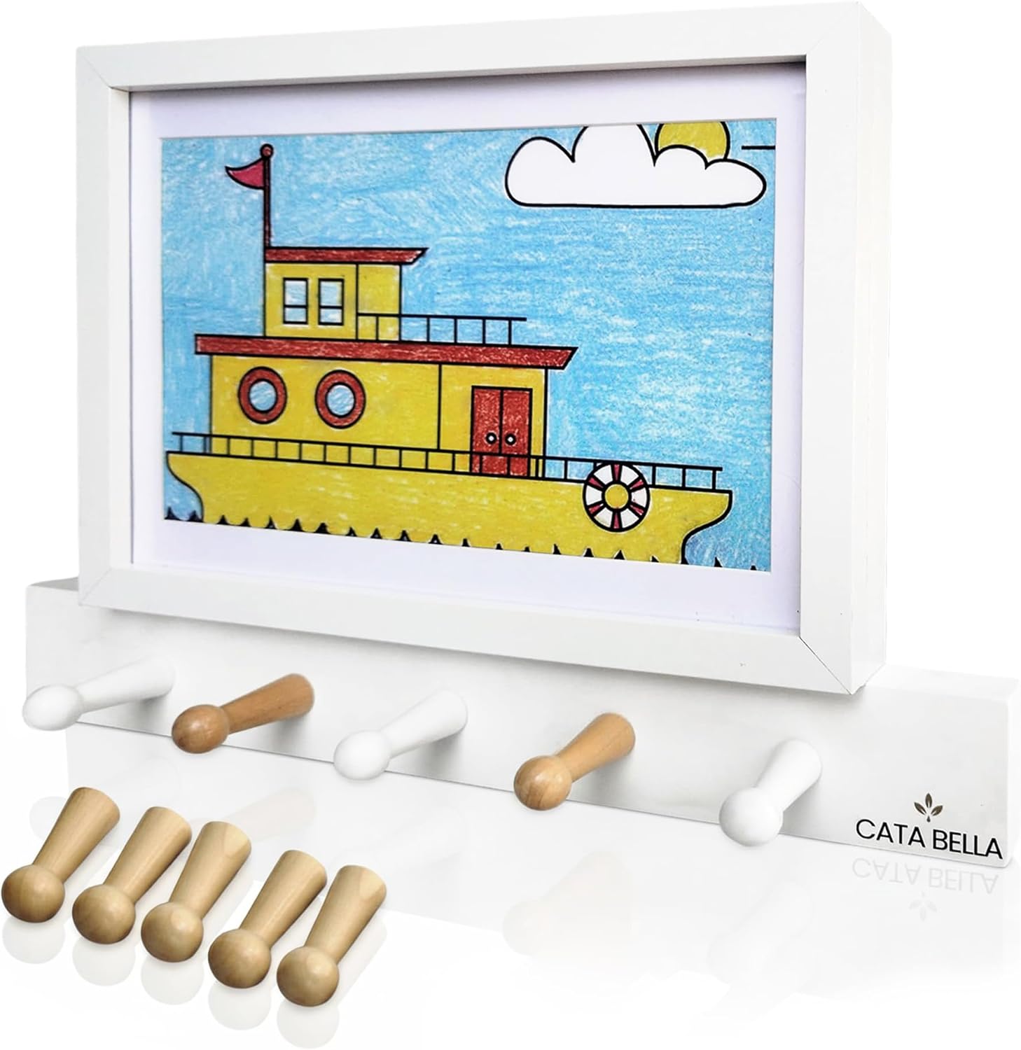 Cata Bella Kids Artwork Frames Changeable with Coat Rack Wall Mount, Wooden Wall Decor with Entryway Hooks and Magnetic Picture Frame, Decorative Organizer for Kids and Home