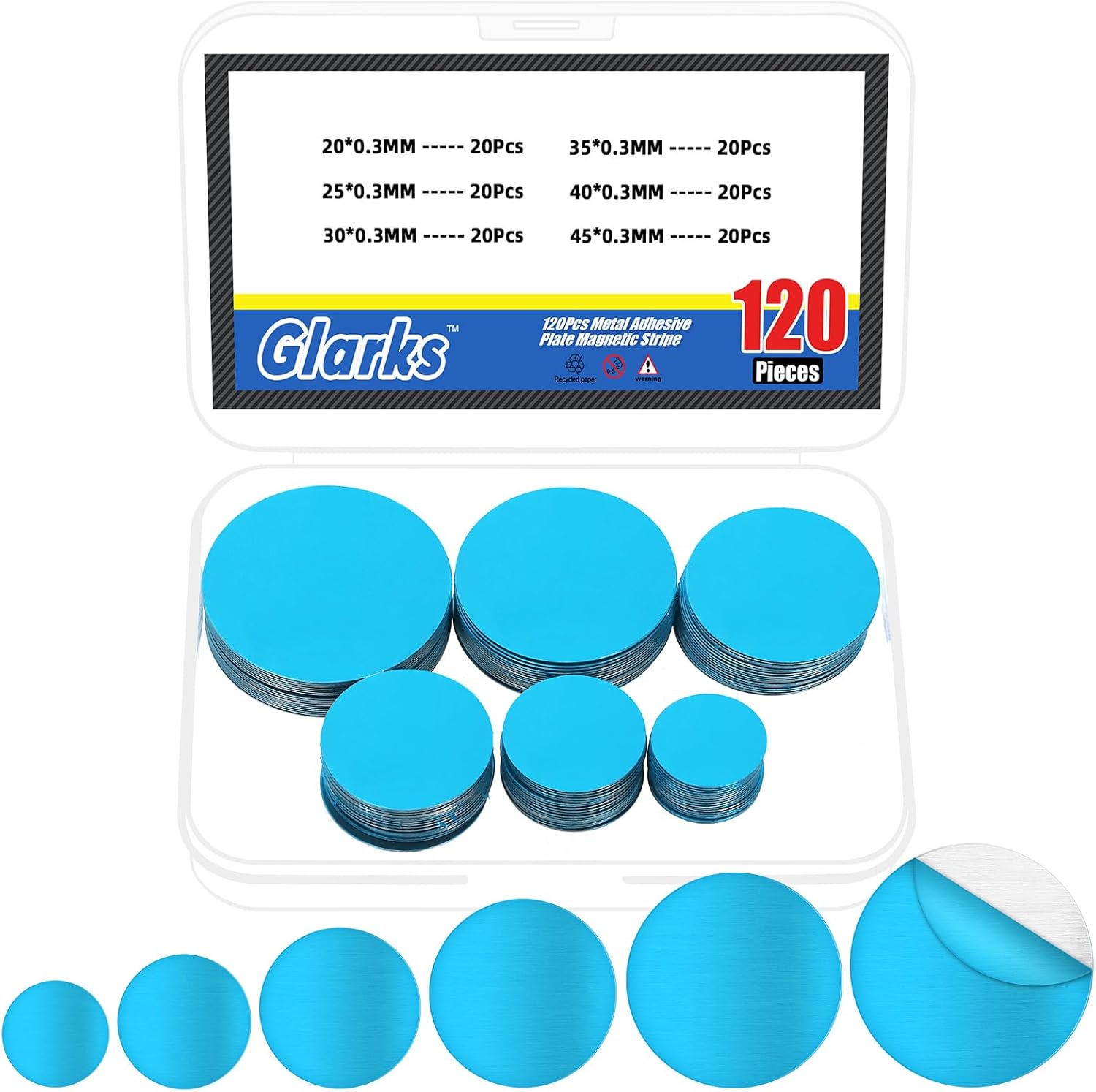 Glarks 120pcs 20/25/30/35/40/45mm Round Under Cabinet Light Magnetic Strip Kit, Cabinet Light Magnetic Adhesive Strip, Metal Replacement Magnetic Strips for Magnetic LED Lights, Under Counter Lights