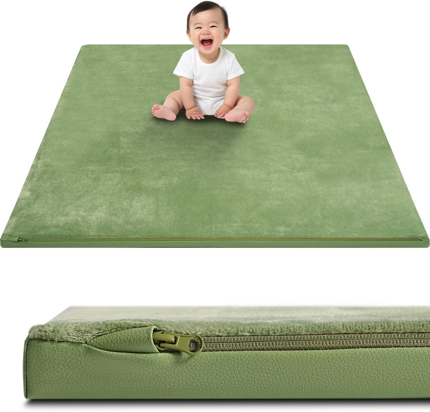 Baby Play Mat for Floor 50x50  Reversible Vegan Leather & Velvet Playpen Mat, Extra Thick Foam, Waterproof Crawling Mat, Easy Wipe-Clean Floor Mat for Infants and Toddlers, Green