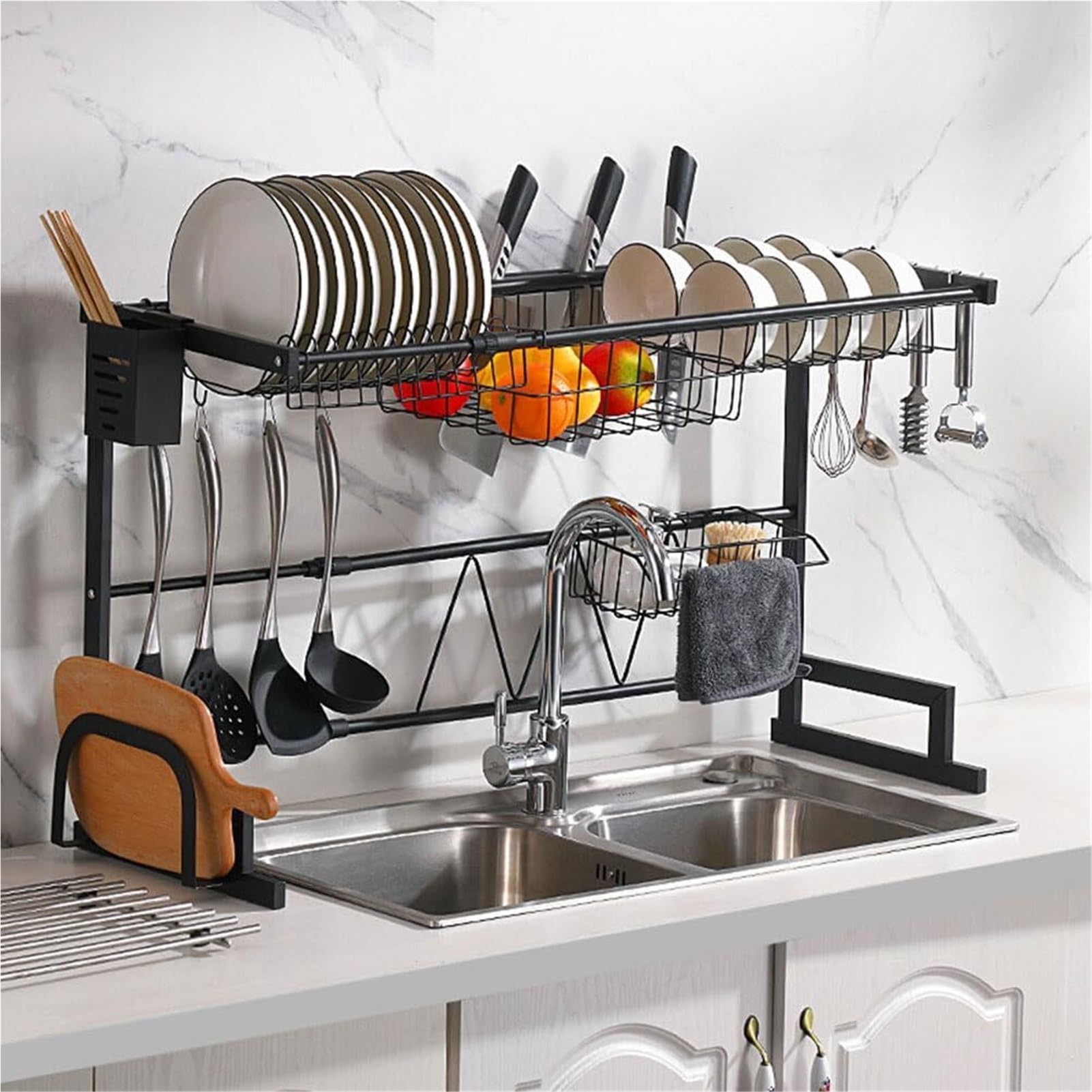 SaryEdge Over The Sink Dish Drying Rack Adjustable Length, Stainless Steel Dish Drying Rack, Dish Drainer Full Set Dish Rack for Kitchen Sink Organizer Space Saver,