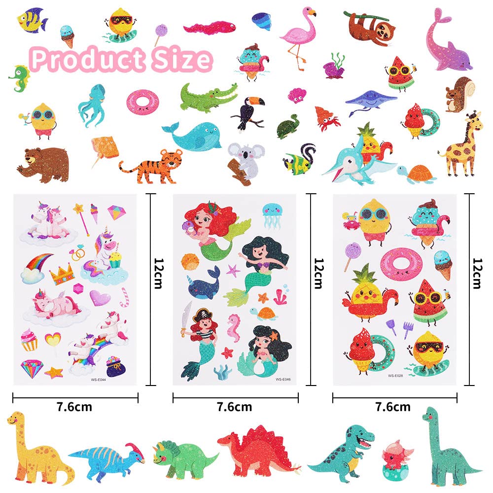 ACWOO Tatuaggi Temporanei per Bambini, Brillante Tatuaggi Finti per Ragazze Ragazzi, 10 Fogli Unicorno + Animale + Dinosauro Tatuaggi Temporanei Set, Giocattoli Gadget per Ragazza Bambini Adulti Festa