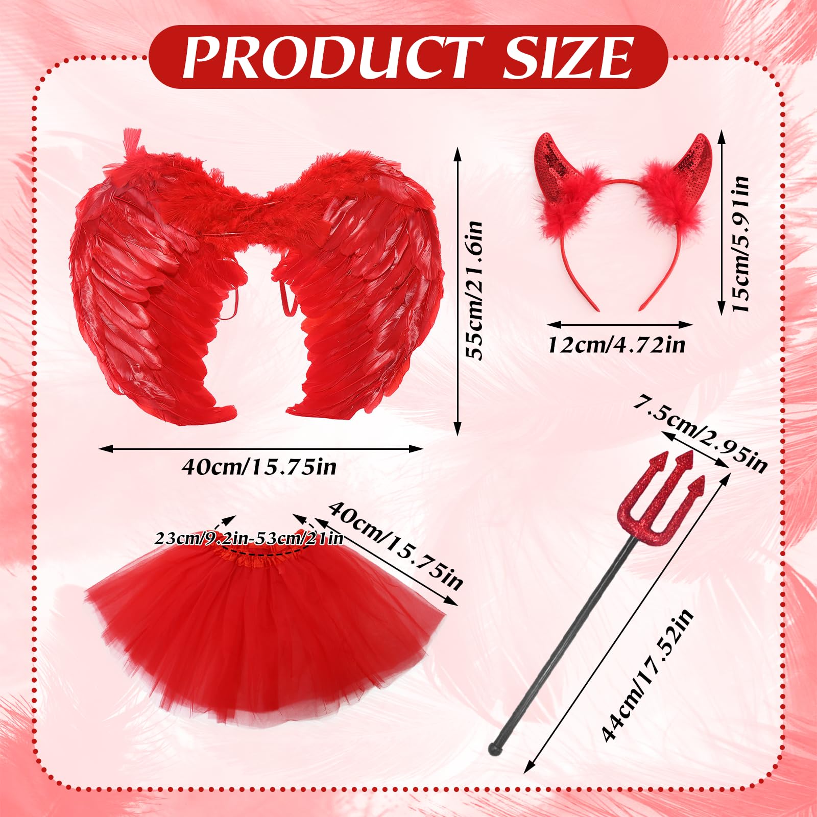 Carreuty 4 Pcs Red Devil Costume for Women Halloween Angel Wings Fancy Dress Sets with Devil Wings Red Tutu Trident Fork Prop Devil Horns Headband - Image 2