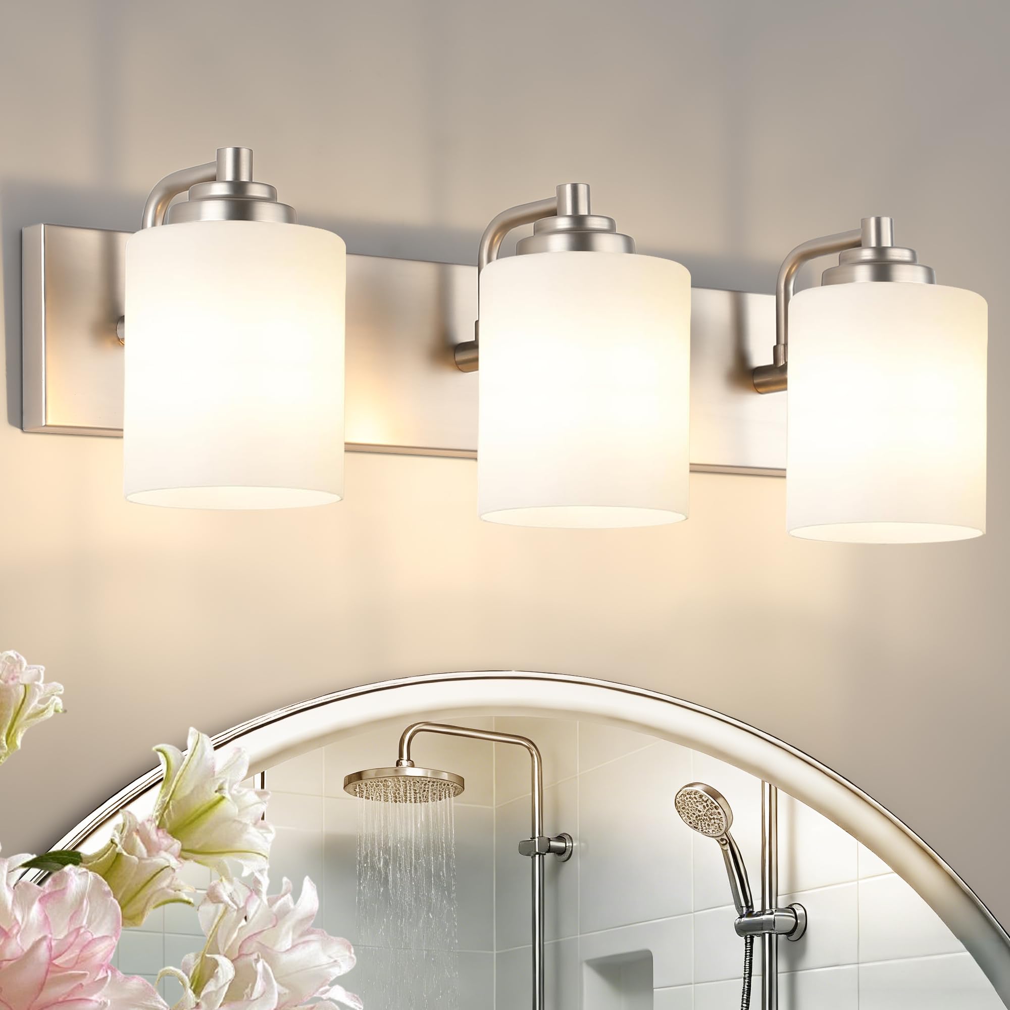 SOLFART Modern Brushed Nickel 3 Light Vanity Sconces for Bathroom Milky Glass Globe Bathroom Light Fixtures 3 Lights