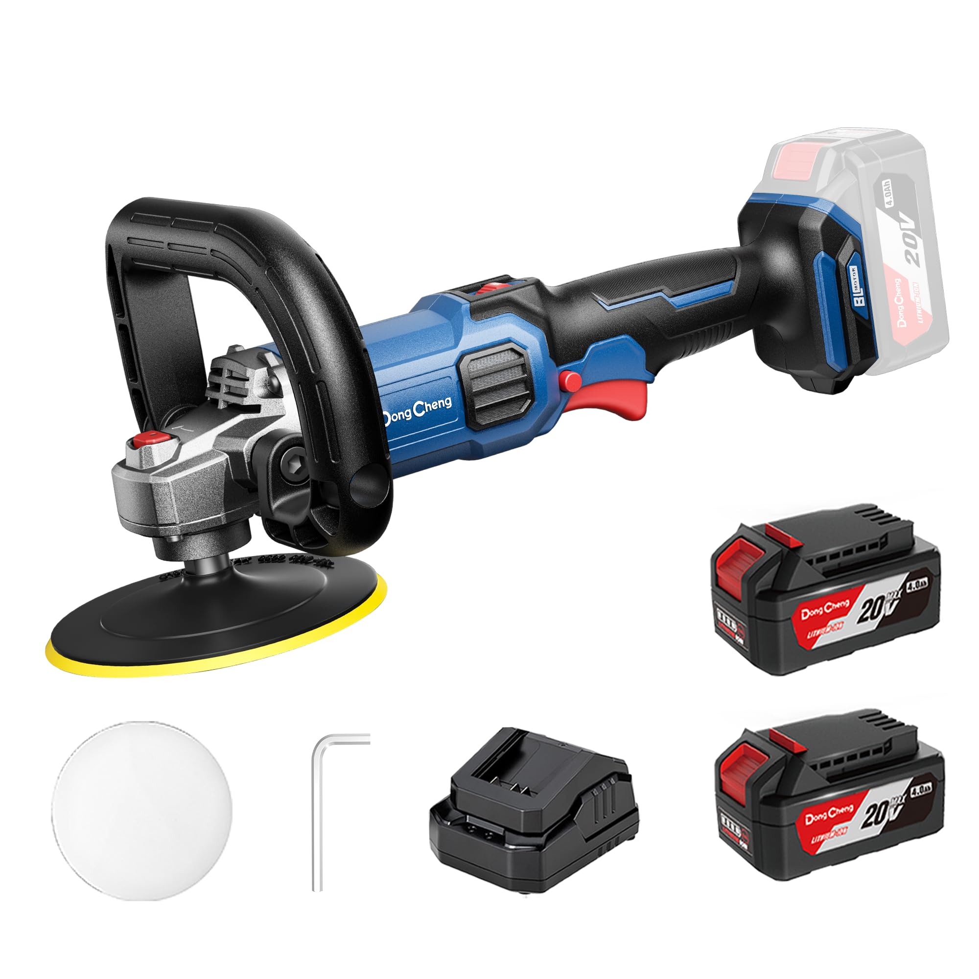 Dong Cheng Bürstenloser Poliermaschine 150mm mit Akku & Ladegerät, D-Griff, Sanftanlauf, Elektronische Drehzahlstabilisierung – Ideal für Auto, Boot, Möbel